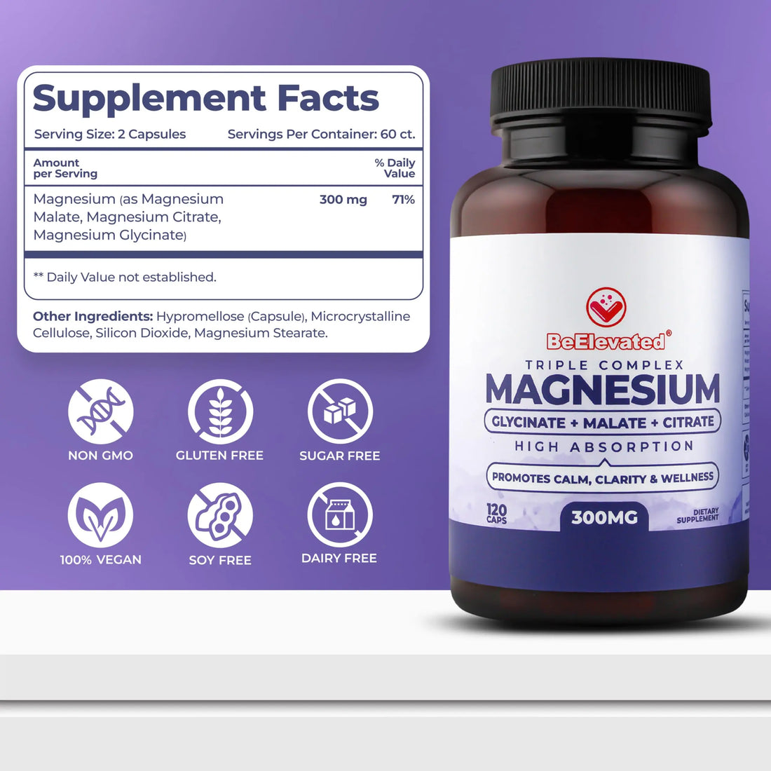 BeElevated High Absorption Triple Magnesium Complex for Sleep, Relaxation & Muscle Support – 300mg of Magnesium Glycinate, Citrate & Malate BeElevated AU supplements