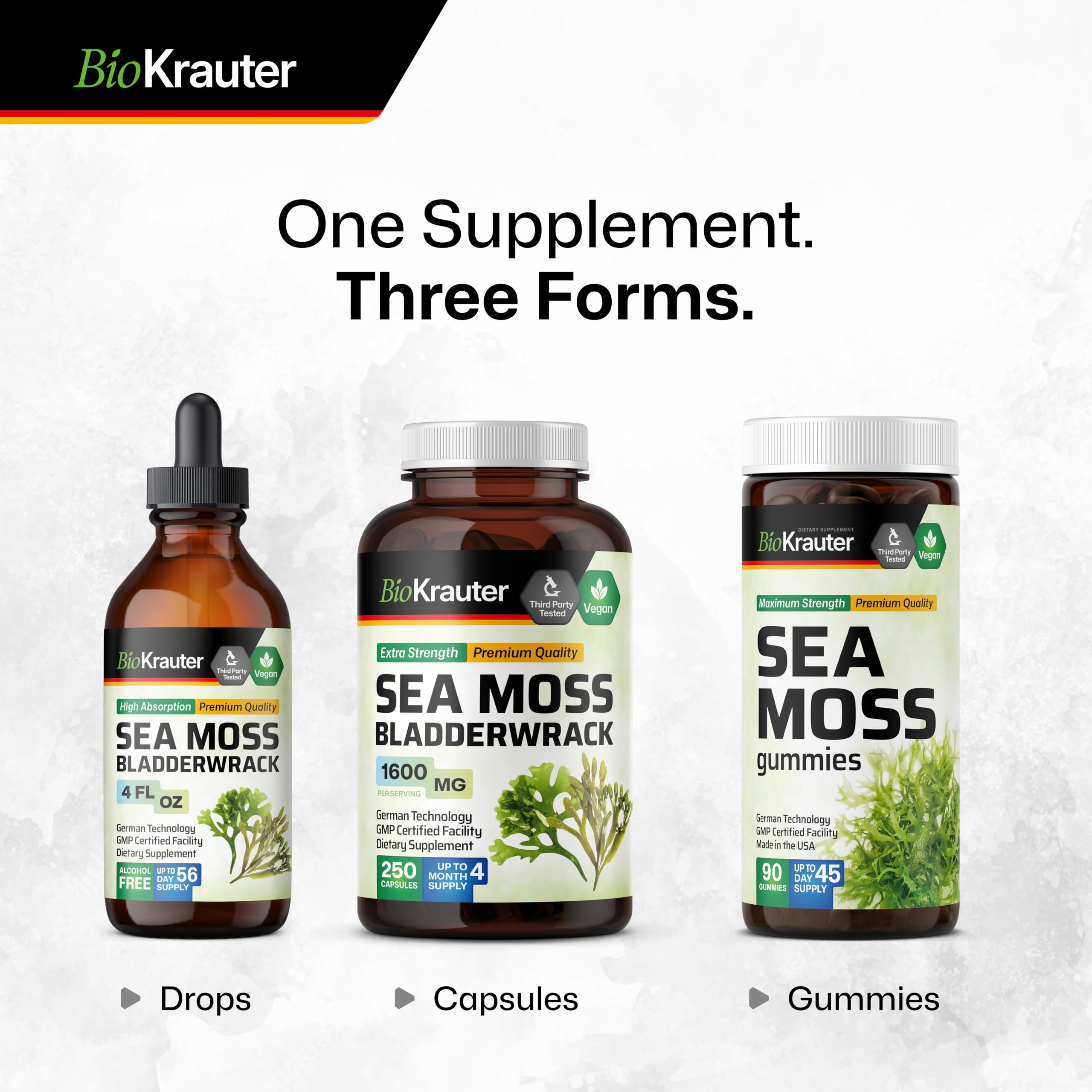BIO KRAUTER® 2-in-1 Sea Moss for Thyroid Support - Vegan Bladderwrack & Sea Moss Capsules for Women & Men - Natural Сhondrus Сrispus Seaweed Supplement 1600 mg - 125 Days of Supply, Non-GMO BIO KRAUTER Au supplements