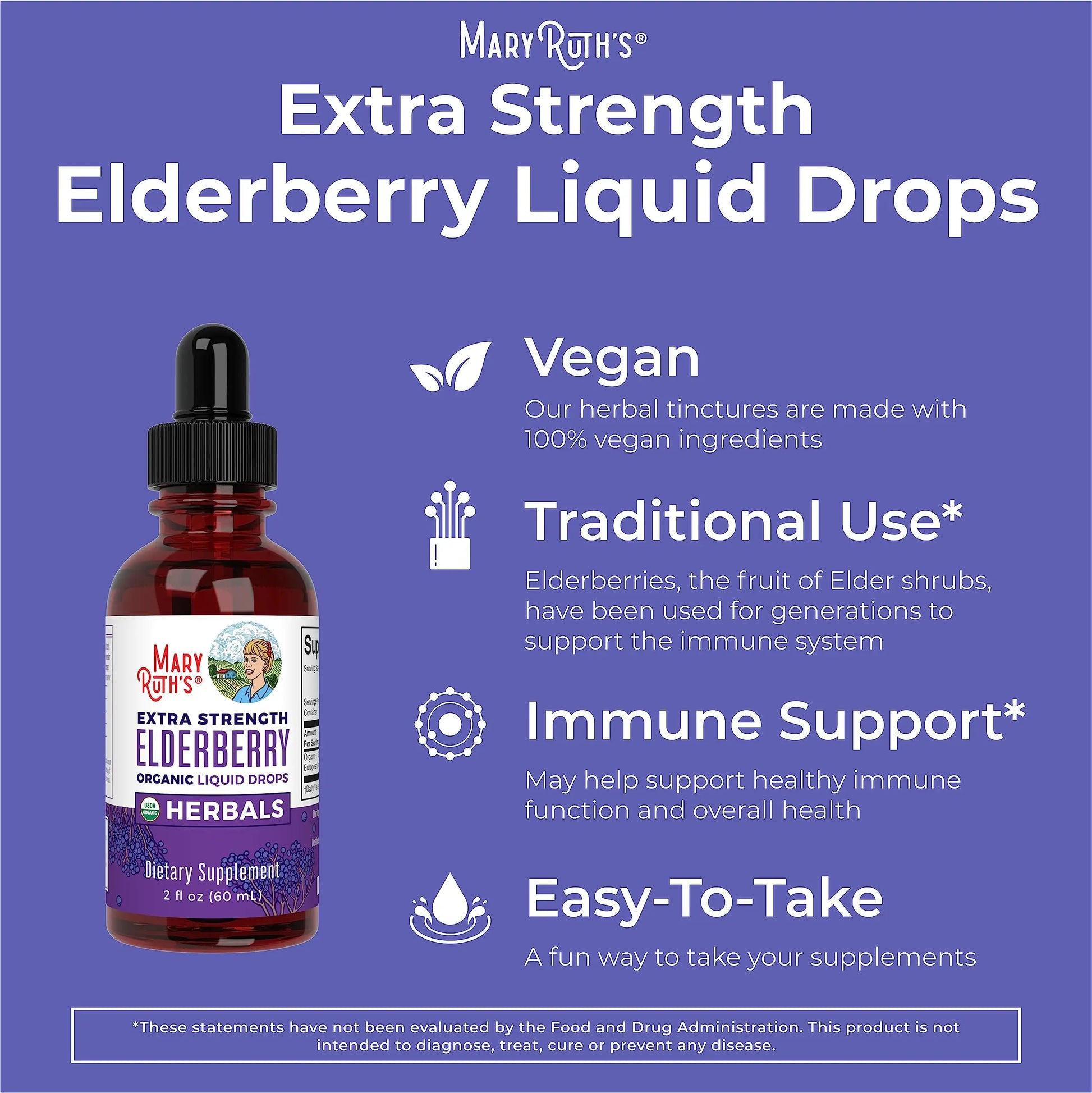 MaryRuth Organics Elderberry Syrup Extra Strength, USDA Organic Elderberry, Sugar Free Adults & Kids Immune Support Supplement for Ages 1+, Clean Label Project Verified®, Vegan, Gluten Free, 2 Fl Oz MARYRUTH'S Au supplements