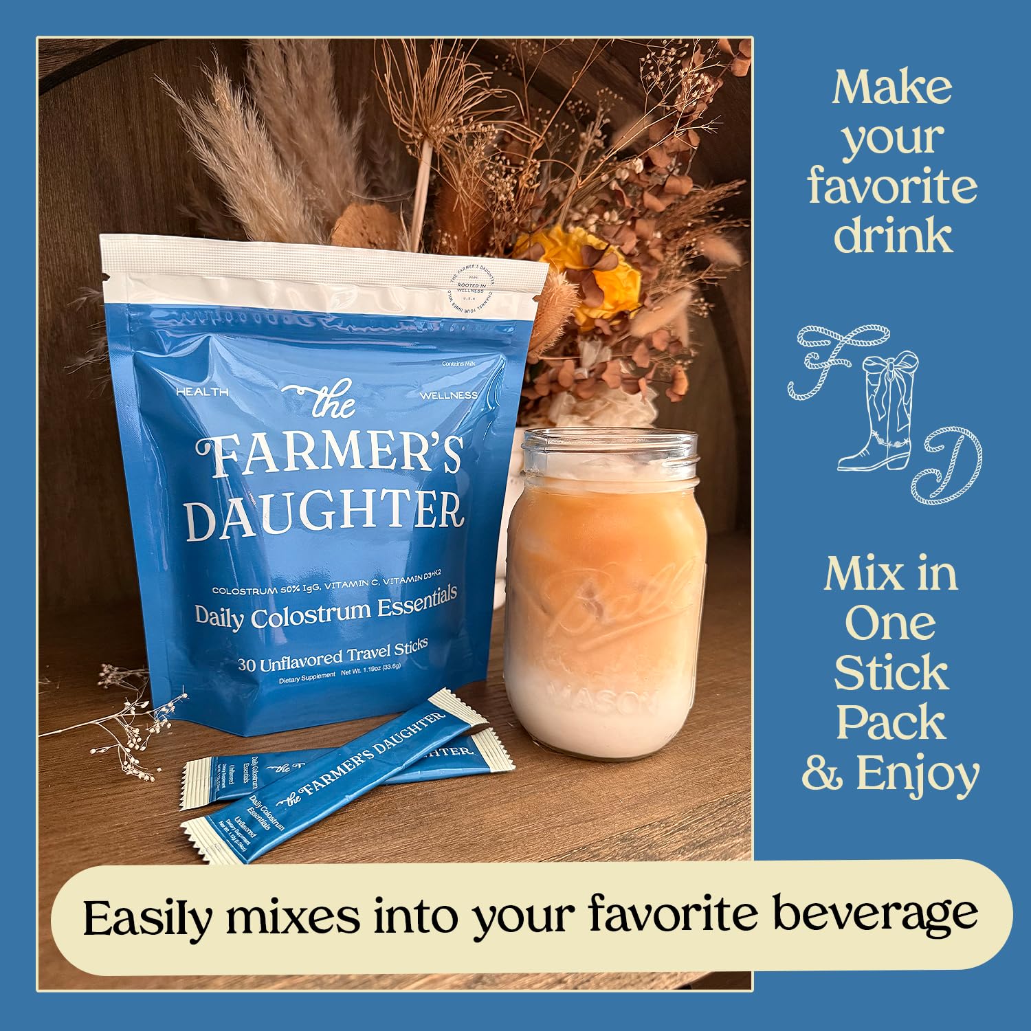 THE FARMER'S DAUGHTER Colostrum Powder | Unflavored | Gut Health & Bloating | Hair, Skin & Nails | Immunity Supplement | 30 Individual Travel Stick Packs THE FARMER'S DAUGHTER Au supplements