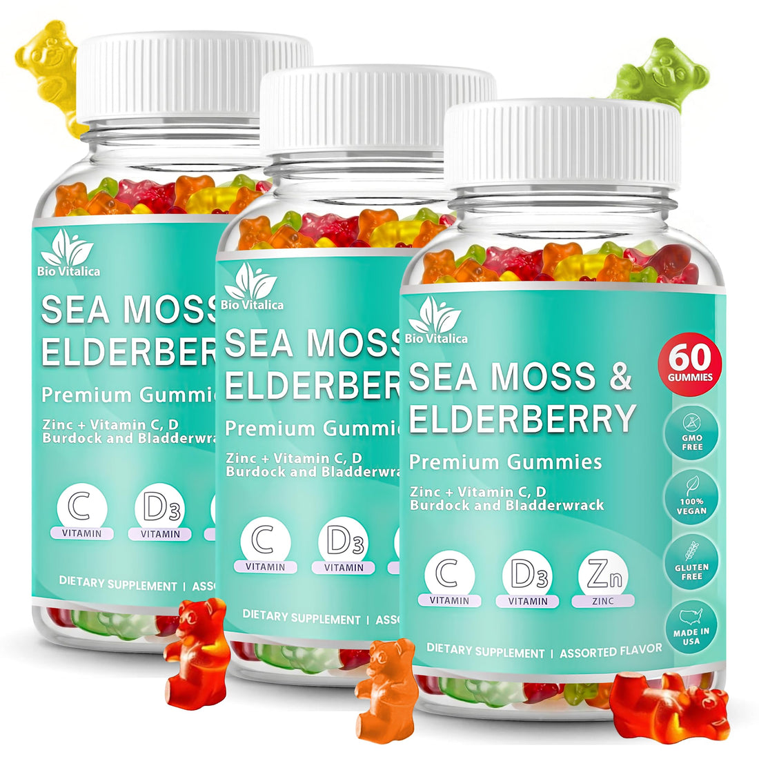 BIO VITALICA Irish Sea Moss Gummies with Elderberry – USA Made Vegan Gummies with Vitamin C, D & Zinc – Immune Support Supplement with Bladderwrack & Burdock Root for Adults & Kids – 3 Packs BIO VITALICA Au supplements