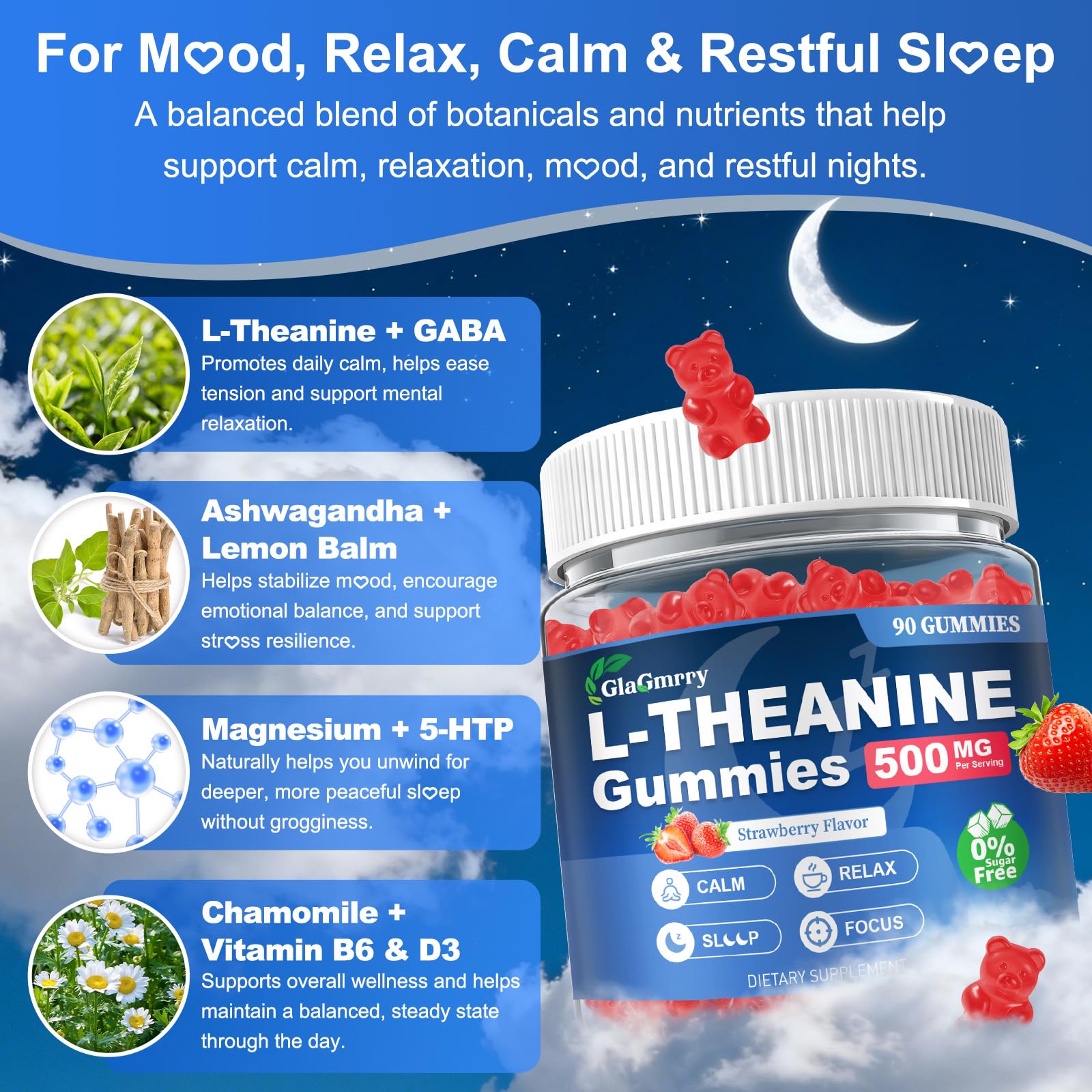 GlaGmrry 180 Count | L Theanine Gummies, L Theanine Supplement for Adults & Kids, w/Ashwagandha, Magnesium, GABA & 5-HTP, Sugar Free Liposomal Formula for Calm Relax zzZ M♡♡d & Focus, Vegan GlaGmrry Au supplements