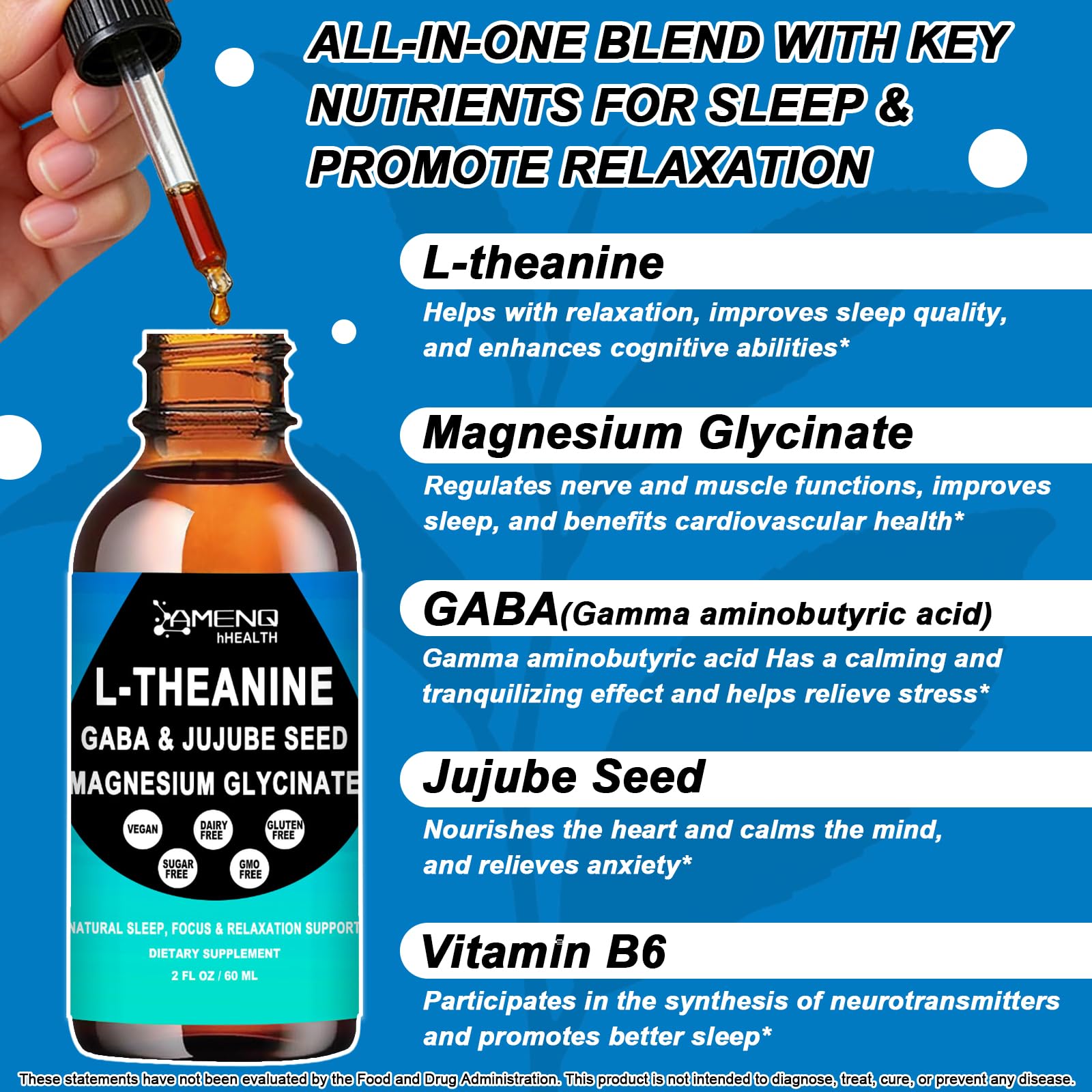 L Theanine Liquid Drops - Double Strength L-Theanine 200mg for Adults & Kids, Fast Absorption Gaba L-Theanine Supplements w. Magnesium & Jujube Seed for Nerve & Sleep, Relaxation & Mood Support丨Vegan AMENQ hHEALTH Au supplements
