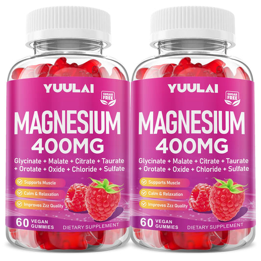 Pack of 2 Magnesium Complex Gummies 400mg, Magnesium Glycinate, Malate, Citrate, Taurate, Oxide & More | w/Ashwagandha Extract, D3 & B12 for Calm, Zzz, Relaxation, Raspberry Flavor, 120 Count YUULAIAu supplements