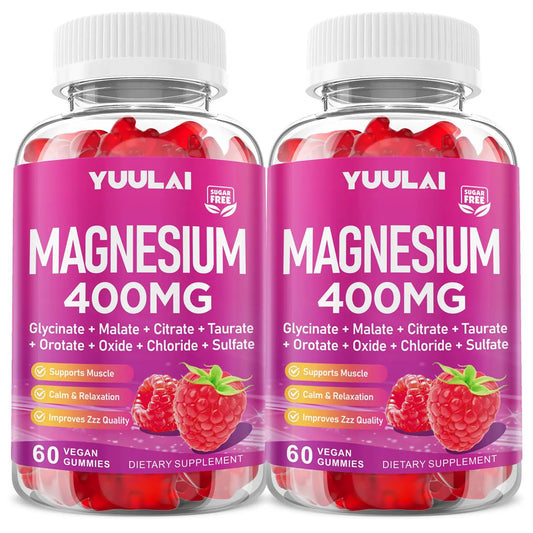 Two bottles of Yuulai Magnesium 400MG gummy vitamins on a white background