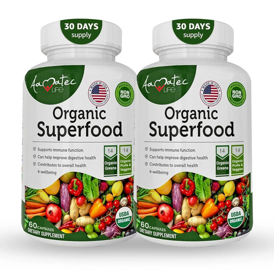 AAMATEC LIFE Organic Superfood Greens Fruits and Veggies Complex - Dietary Supplement with 14 Greens &14 Vegetables with Alfalfa Rich in Antioxidants Organic Ingredients Non-GMO (120 Count Pack of 2) AAMATEC LIFEAU supplements