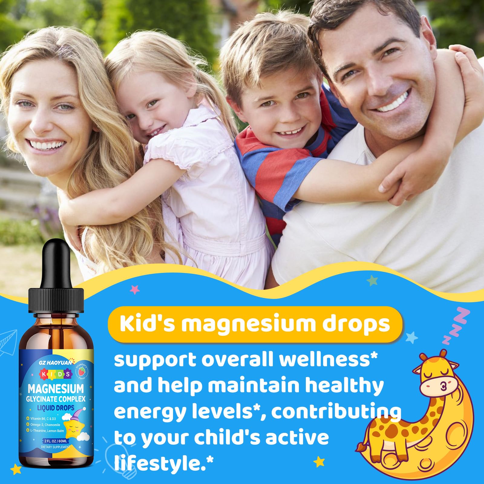 Kids Magnesium Glycinate Liquid Drops‌ – with L-Theanine, Omega-3, Vitamins B6 & D3, Zinc & Calcium – for Sleep Support, Relaxation, Focus & Brain, Bones – Strawberry Flavor, 2 Fl Oz GZ HAOYUAN Au supplements