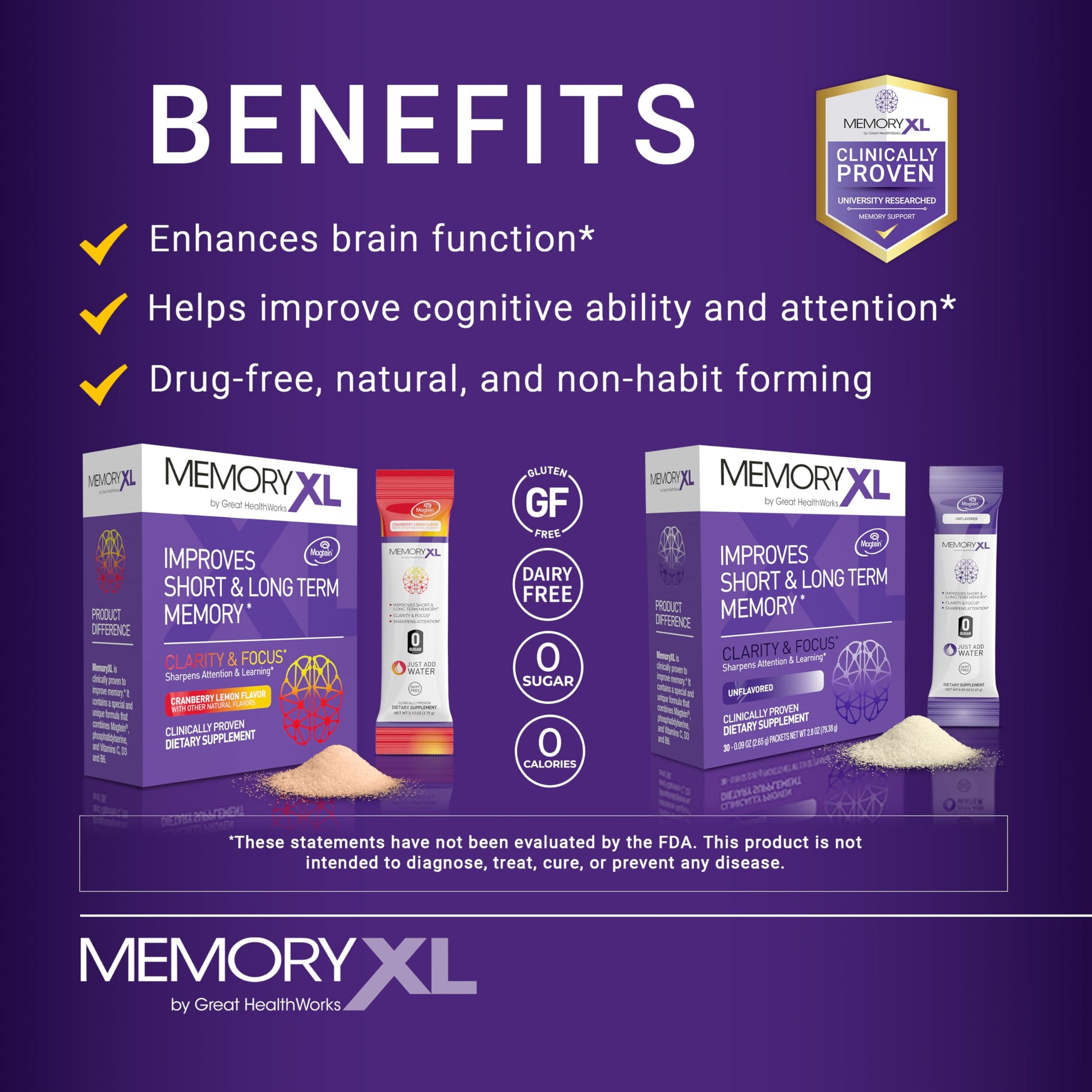 MemoryXL, Magnesium L-Threonate: Brain Supplement for Memory & Focus; Magtein®, Phosphatidylserine, Vitamin Mix. Improves Memory Focus Attention Learning & Logic. 0 Sugar, 0 cal, 30pk Cranberry Lemon OmegaXL Au supplements