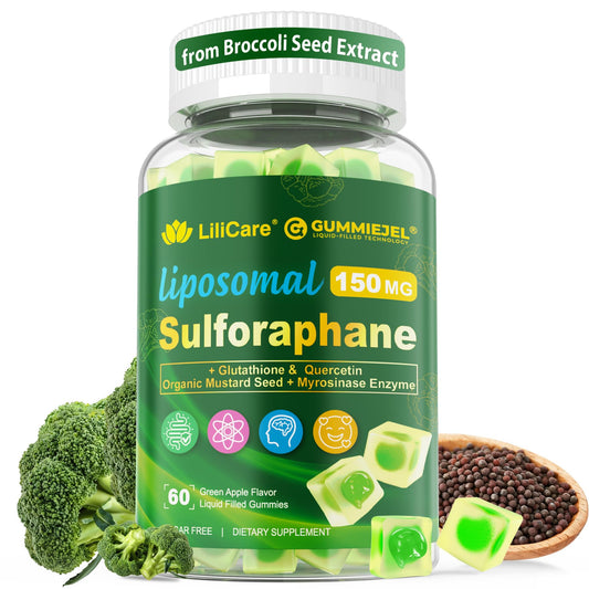 Liposomal Sulforaphane Supplement 150mg, from Broccoli Seed Extract w/Myrosinase, Quercetin, Glutathione, Sulforaphane Supplement Gummies for Antioxidants Detox Cellular Brain Health, Chewable 60Cts LILICAREAu supplements
