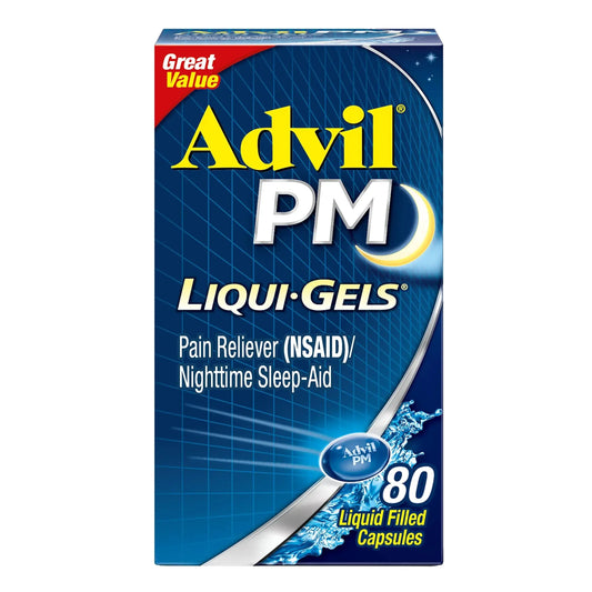 Advil PM Liqui-Gels Pain Reliever and Nighttime Sleep Aid, Pain Medicine with Ibuprofen for Pain Relief and Diphenhydramine HCL for a Sleep Aid - 80 Liquid Filled Capsules - Back to College AdvilAu supplements