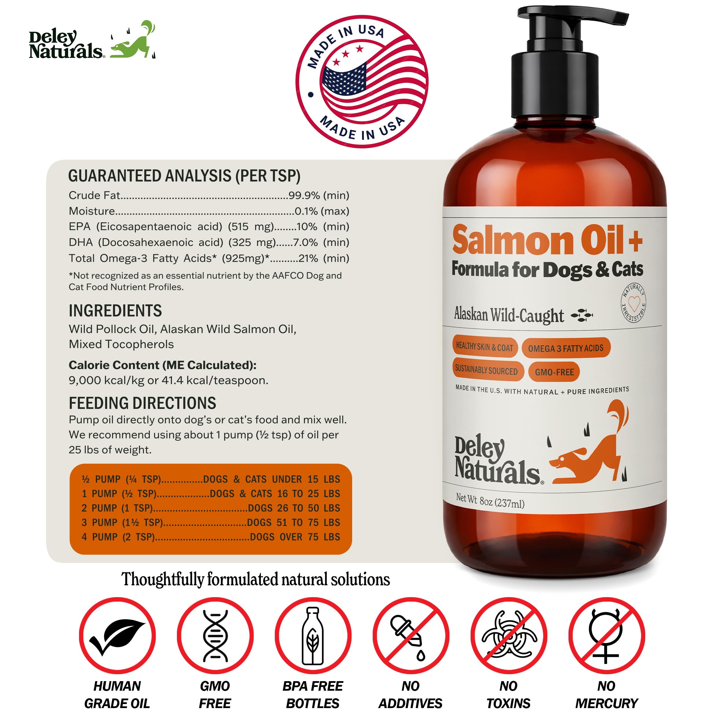 Deley Naturals Wild Alaskan Salmon Oil for Dogs & Cats - New and Improved Salmon Oil Plus Formula - Fish Oil for Dogs with Omega 3, DHA and EPA - Omega 3 for Healthy Skin and Coat - 8oz Made in USA Deley Naturals Au supplements