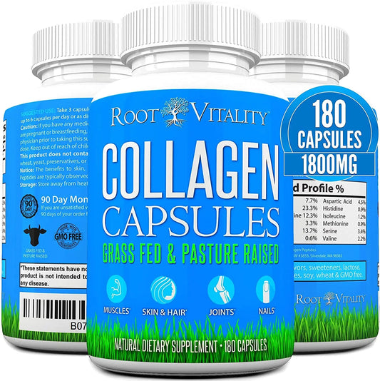 Root Vitality Collagen Peptides Capsules - Grass-Fed, Pasture-Raised Hydrolyzed Protein Supplement for Skin, Hair, & Nails - Non-GMO, Zero Sugar Daily Pills for Men & Women (180 Capsules) Root VitalityAU supplements