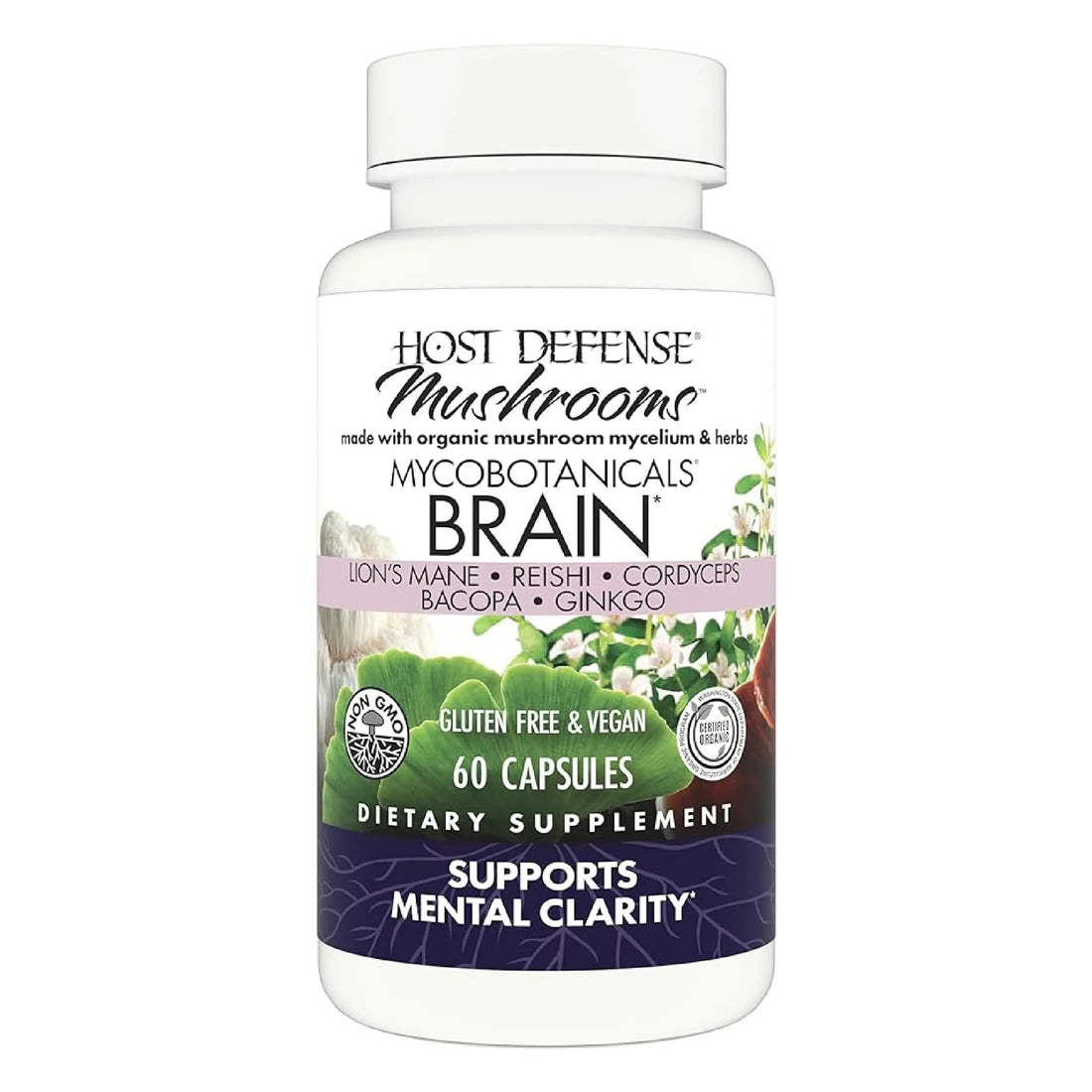 Host Defense MycoBotanicals Brain* Capsules - Brain Support Supplement with Lion's Mane, Reishi & Cordyceps Mushroom - Herbal Supplement for Memory & Focus Support - 60 Capsules Host Defense uk supplements