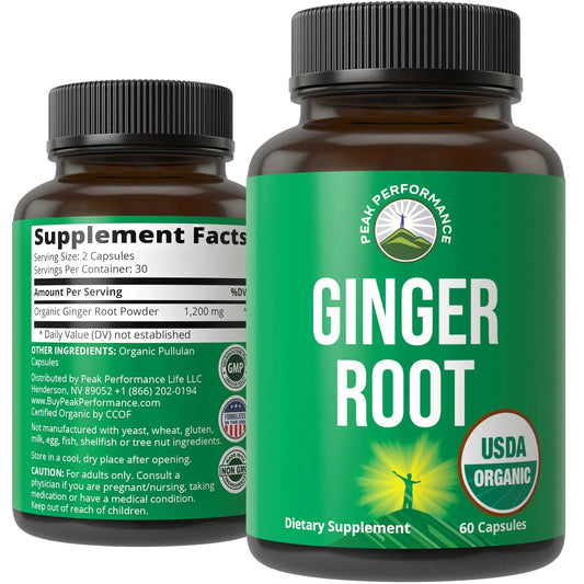 Peak Performance USDA Organic Ginger Root Capsules. Vegan Ginger Pills Supplement for Women & Men to Support Digestion, Occasional Nausea Relief, Gas & Bloat Support, and Gentle Stomach Comfort Peak PerformanceAU supplements