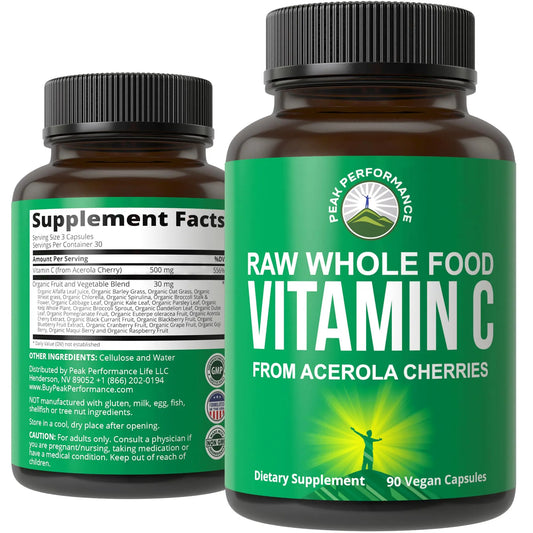 Peak Performance Raw Whole Food Natural Vitamin C Capsules from Acerola Cherry for Max Absorption. Vegan USA Sourced Vitamin C Supplement 90 Pills. 500 mg Serving or 2 Servings 1000mg Peak PerformanceAU supplements