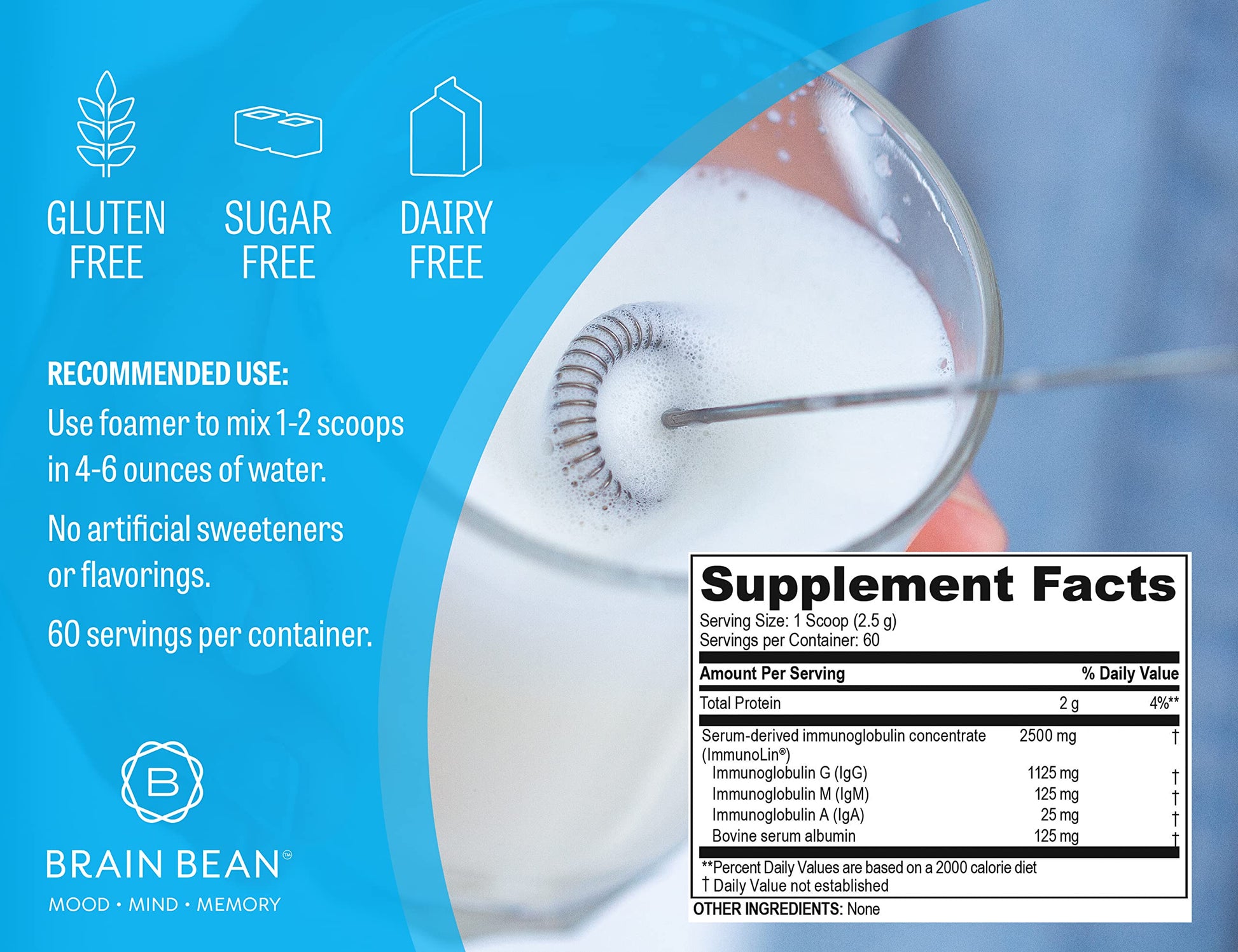 Brain Basics Ultra Pure IgG Supplement - Dairy-Free Supplement IgG-Immunolin Powder, Blended Vitamin & Mineral Supplements, 150g, 60 Servings Brain Bean Au supplements