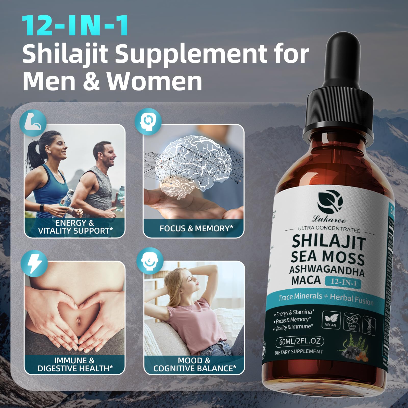 Shilajit Liquid Drops, 12-in-1 Complex - Sea Moss, Ashwagandha, Maca, Fulvic Acid, Trace Minerals, Liquid Vitamins Supplement for Men and Women, Energy, Antioxidant, Immune Support, 60ML/2 FL Oz Lukaree Au supplements