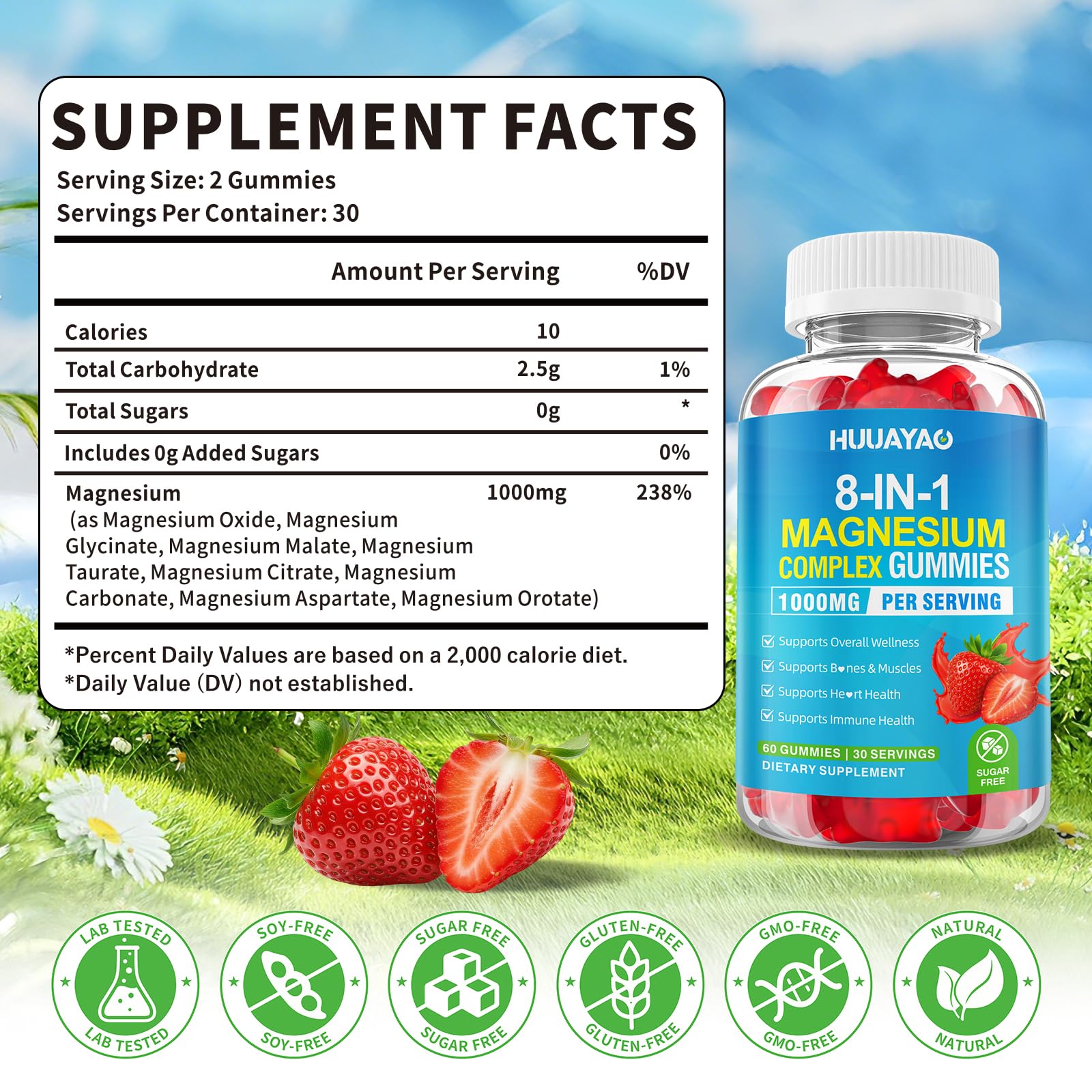 Magnesium Complex Gummies for Women Men 8 in 1, Magnesium Glycinate, Citrate, Malate, Taurate, Supports Bones, Muscle, Nerve Health, Sugar-Free, Vegan Non-GMO, Strawberry Flavor, 120 Count HUUAYAO Au supplements
