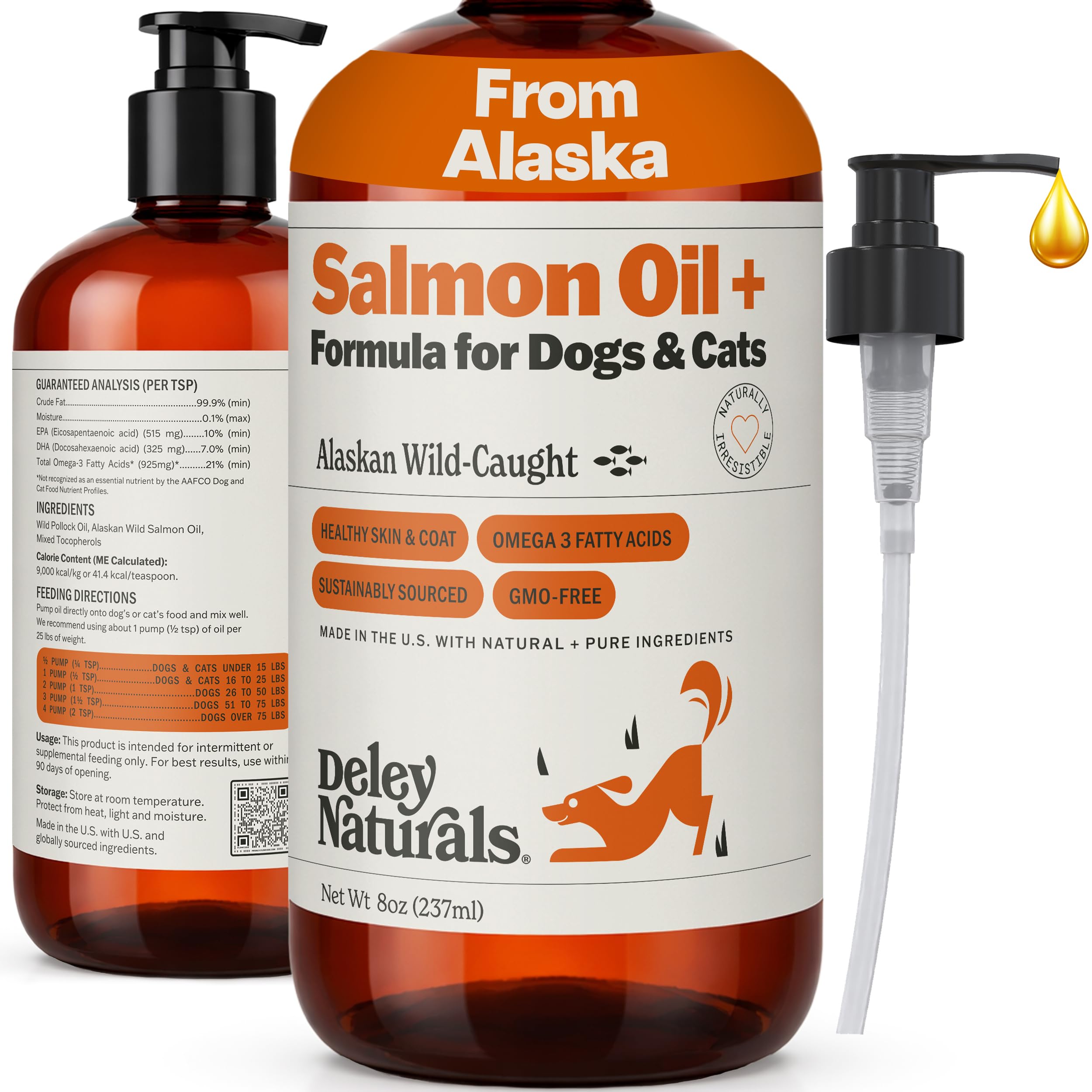Deley Naturals Wild Alaskan Salmon Oil for Dogs & Cats - New and Improved Salmon Oil Plus Formula - Fish Oil for Dogs with Omega 3, DHA and EPA - Omega 3 for Healthy Skin and Coat - 8oz Made in USA Deley Naturals Au supplements