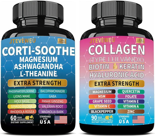 JTEVEweu Shining Serenity Set, Cortisol Support with Ashwagandha, L-Theanine, Magnesium, Lions Mane, GABA, Bacopa Monnieri, Collagen Biotin, Keratin, Hyaluronic Acid, Quercetin JTEVEweuAu supplements