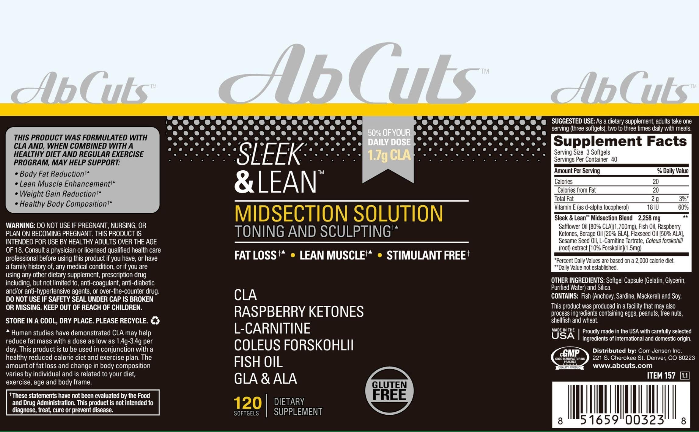 AbCuts Sleek and Lean - 120 Easy-to-Swallow Softgels - CLA Supplement, Fish Oil AbCuts Au supplements