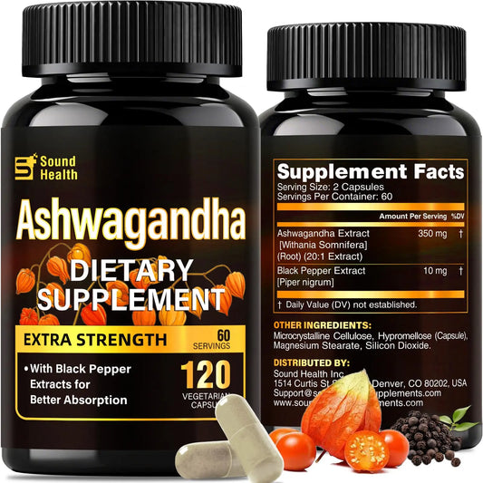7000mg Ashwagandha Supplements Powder (20:1 Root Extract), 120 Organic Ashwagandha Capsules for Women & Men, Black Pepper & BioPerine for Absorption, Non GMO, Third-Party Tested, Gluten Free SoundHealthAU supplements