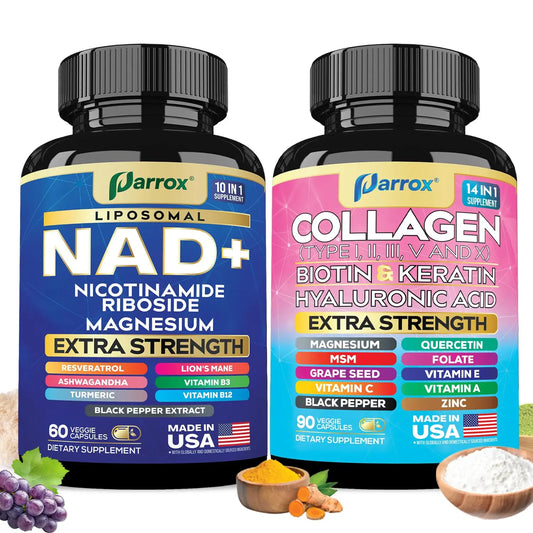 Parrox Forever Young Set with Liposomal NAD, Nicotinamide Riboside, Magnesium, Resveratrol, Lion's Mane, Collagen Peptides Types I, II, III, V and X, Biotin & Keratin, Hyaluronic Acid, Zinc, Quercetin ParroxAU supplements