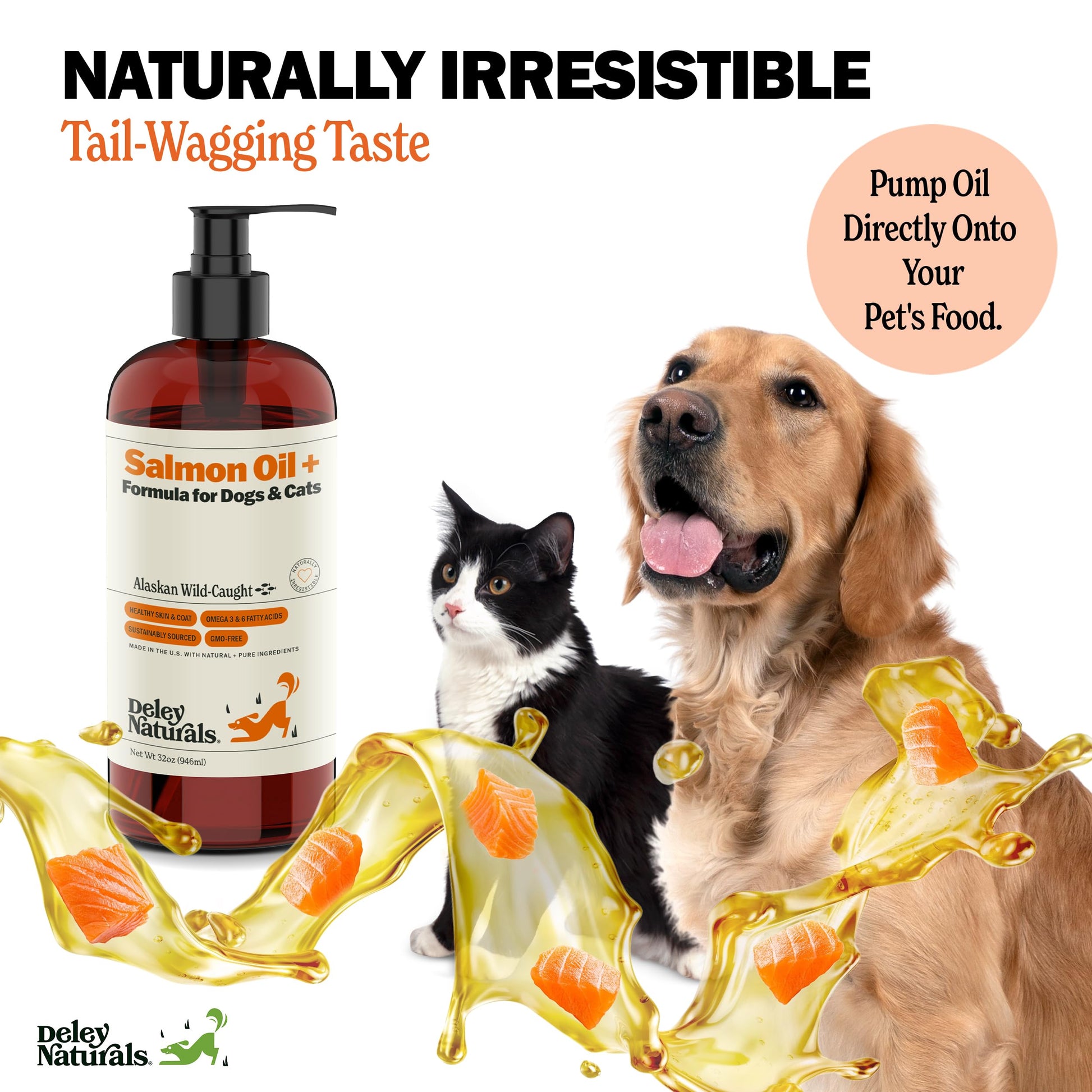 Deley Naturals Wild Alaskan Salmon Oil for Dogs & Cats - New and Improved Salmon Oil Plus Formula - Fish Oil for Dogs with Omega 3, DHA and EPA - Omega 3 for Healthy Skin and Coat - 32oz Made in USA Deley Naturals Au supplements