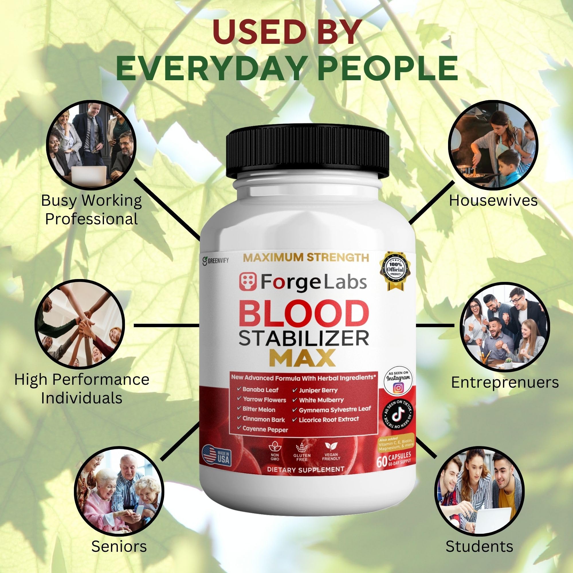 GREENVIFY ForgeLabs Blood Stabilizer Max, Maximum Strength Dietary Supplement, 60 Veggie Capsules, with Banaba Leaf, Juniper Berry, White Mulberry. (1) GREENVIFY Au supplements