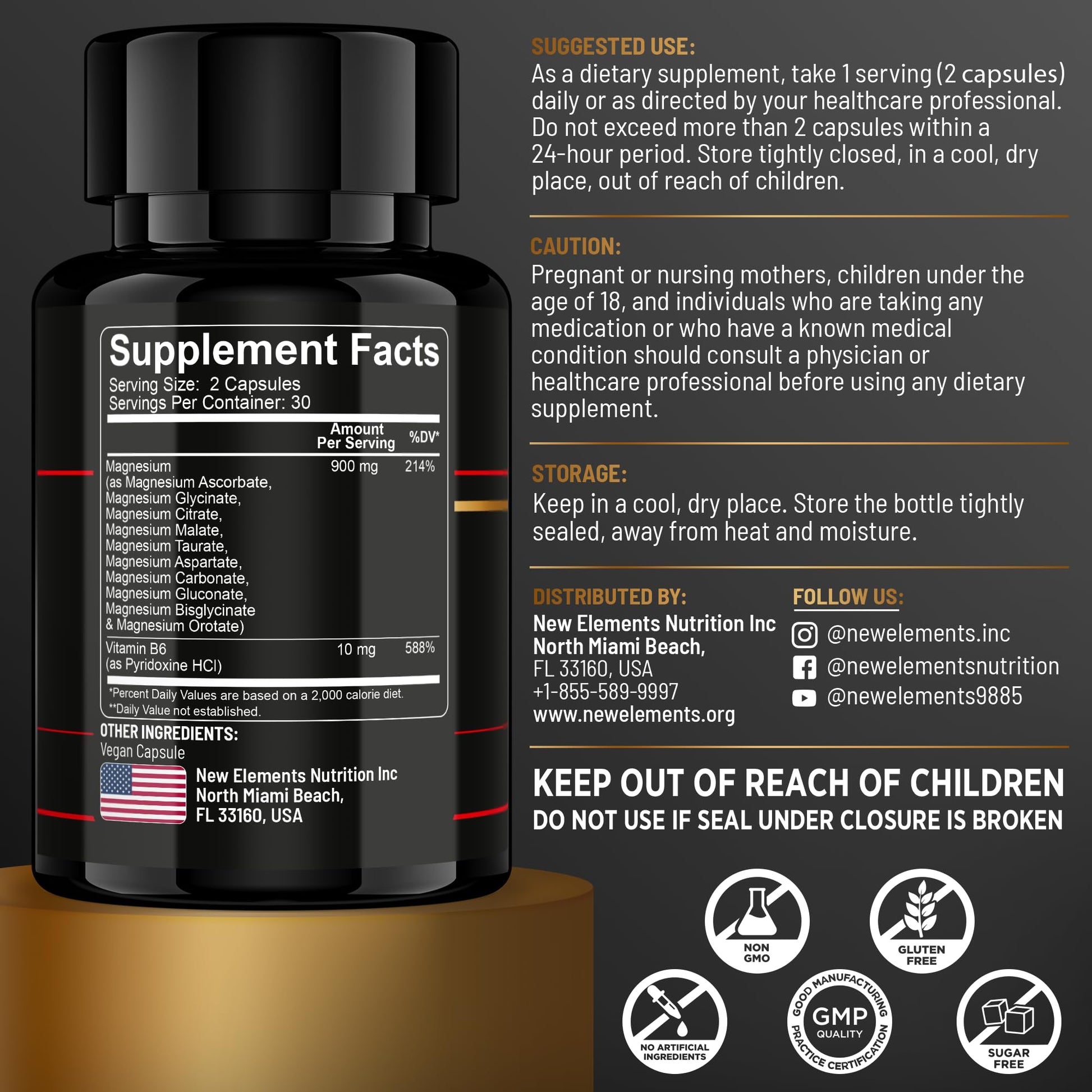 Magnesium 10X Complex – 900mg Elemental Magnesium | Glycinate, Gluconate, Malate, Orotate, Carbonate, Asparate, Taurate, Citrate, Bisglycinate, Ascorbate + Vitamin B6 for Superior Absorption New Elements Au supplements