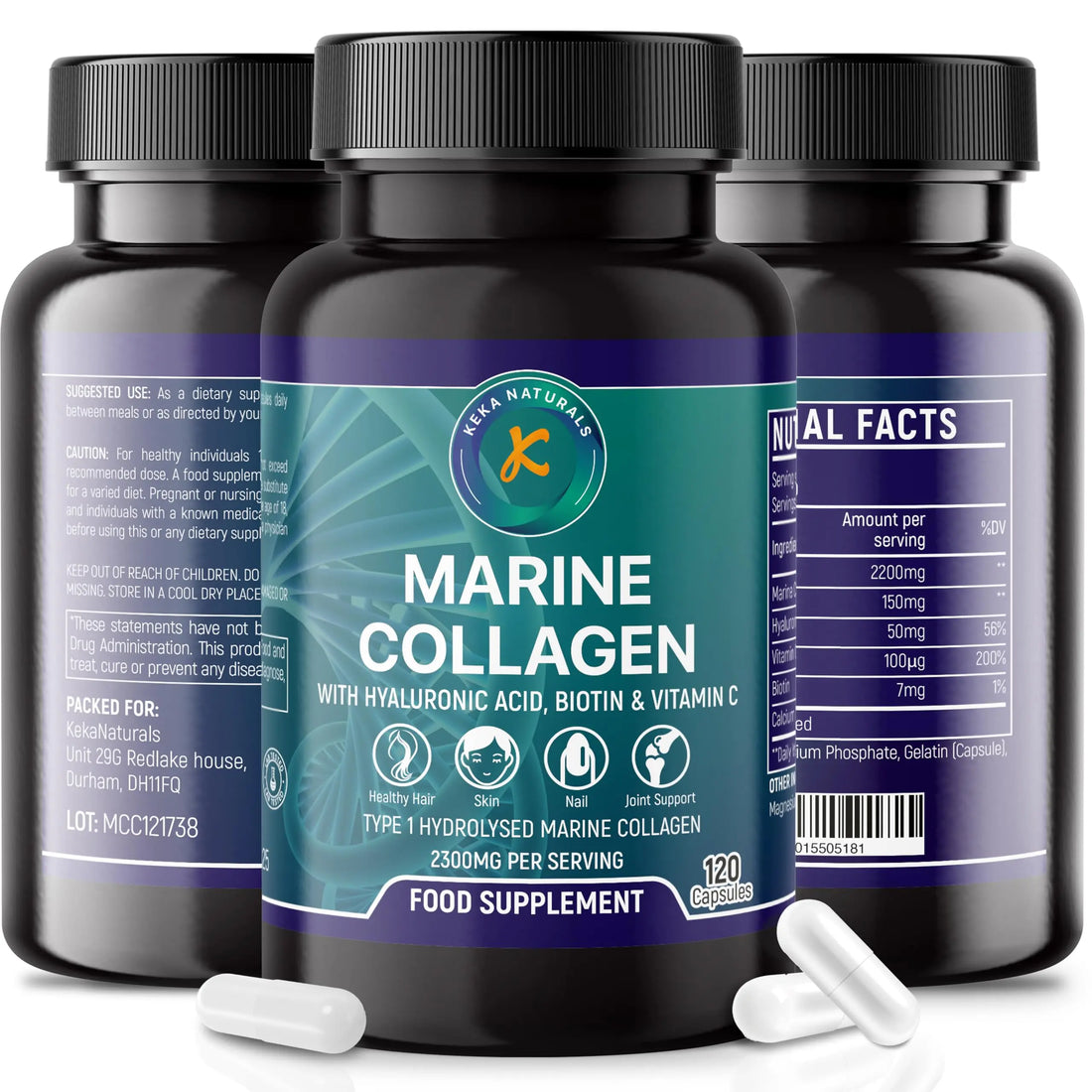 Hydrolysed Marine Collagen Peptides 2300mg - Enhanced with Hyaluronic Acid & Vitamin C Keka Naturals uk supplements