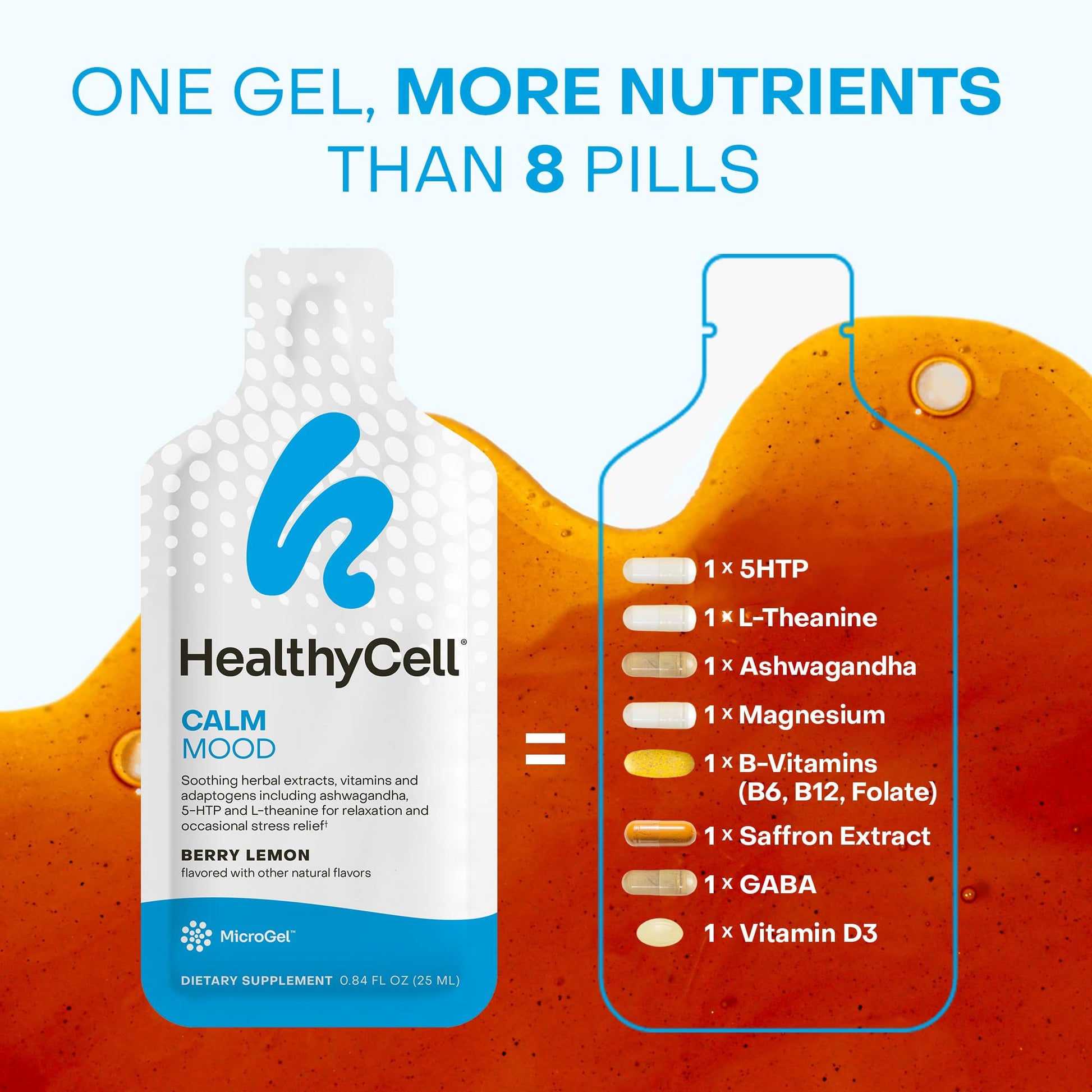 Healthycell Calm Mood Daily Liquid Supplement - Cortisol Manager & Mood Support Supplement for Stress with Ashwagandha, L-Theanine, Magnesium, 5-HTP, GABA & Saffron - 14 Gel Packs Healthycell buy supplements Au