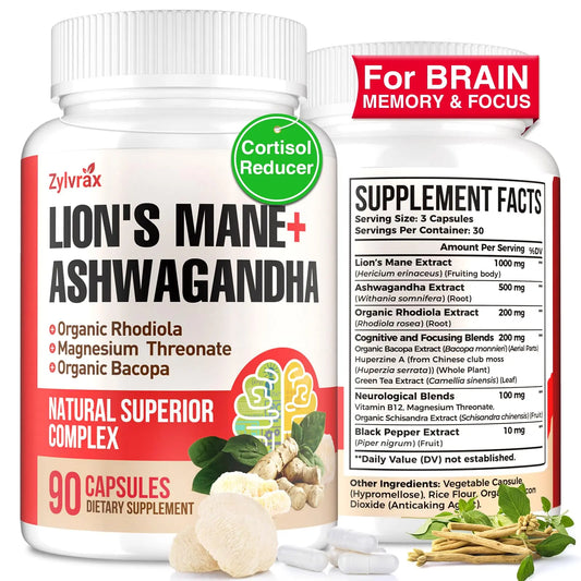 Ashwagandha & Lions Mane Supplements Capsules, Brain Supplements for Memory and Focus, Ashwagandha with Rhodiola Rosea for Cognitive, Immune Support, Cortisol Supplements for Women, 90 Capsules ZylvraxAU supplements