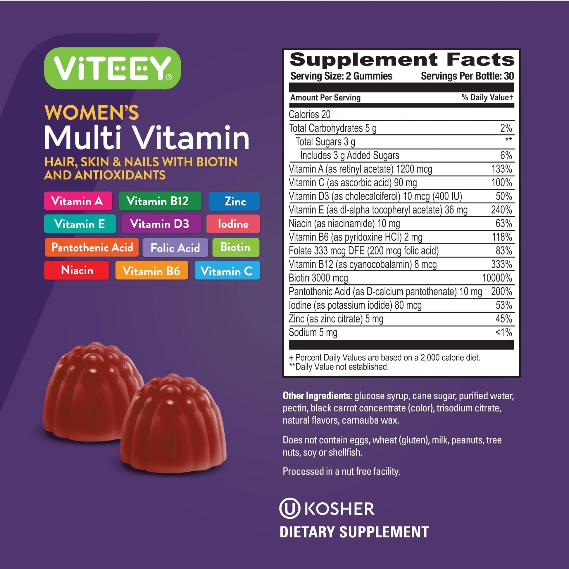 Viteey Womens Multivitamin Gummies - Immune Support - 12 in 1 Essential Vitamins & Minerals - Vitamin A, C, D3, E, B6, B12, Folic Acid, Biotin, Calcium Viteey Au supplements