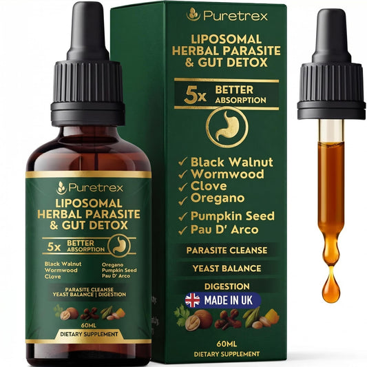 PURETREX Herbal Gut Detox & Cleanse Drops 2 fl oz, Liposomal Dewormer for Humans with Wormwood, Black Walnut, Clove, Pumpkin Seed, PAU D'Arco, Candida PURETREXUS supplements