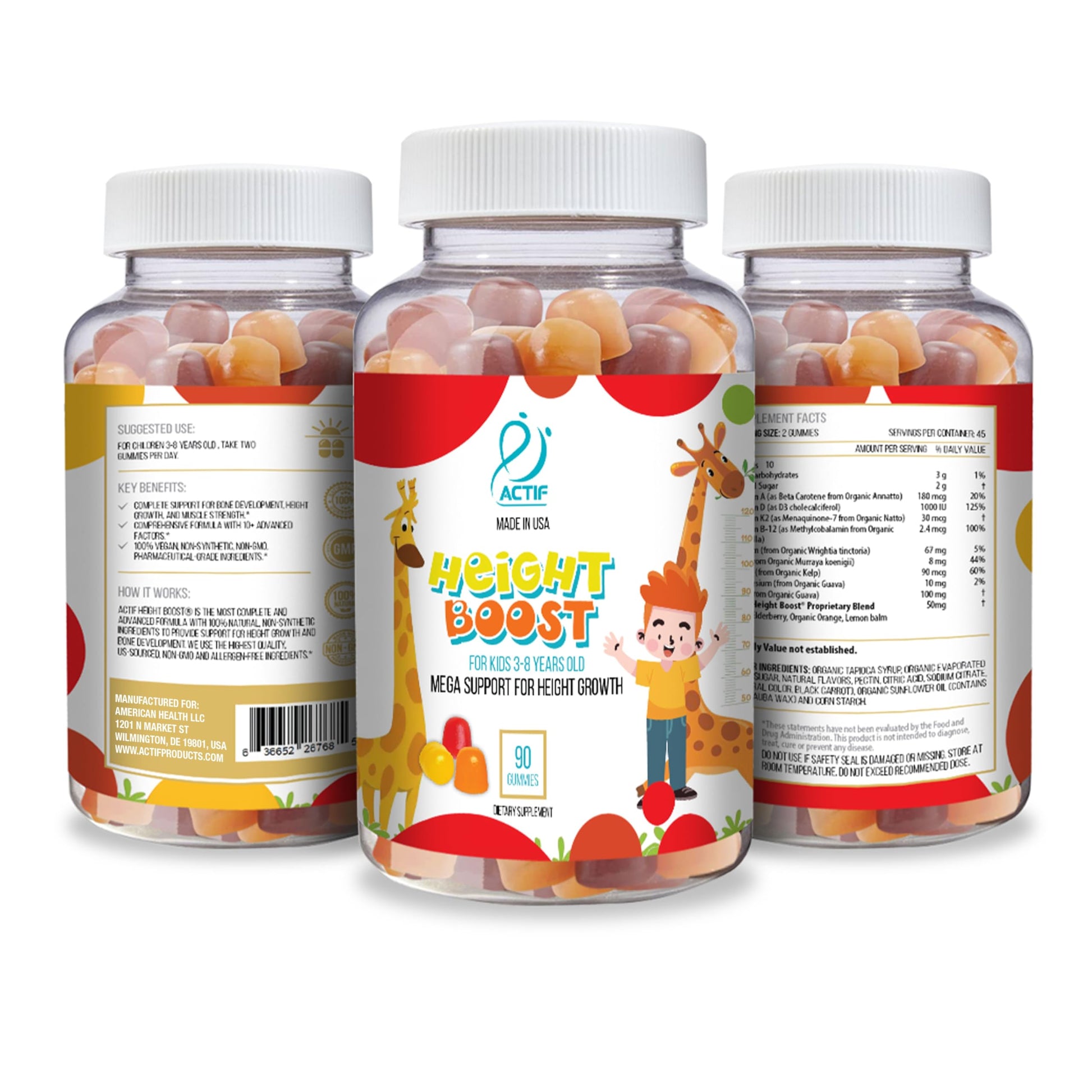 Actif Height Boost Mega Support for Kids 3-8 Years Old, Height Growth with 10+ Factors, 60 Gummies, Strawberry Flavor, Get Tall Fast Formula ACTIF Au supplements