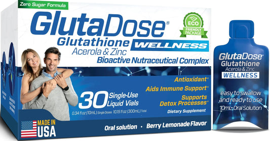Liquid Glutathione Supplement, Lemon Berry Flavored Acerola Energy Booster w/Zinc, Daily Vitamins & Minerals, Zero Sugar Formulation, Everyday Auto-Immune Support for Adults, 0.34 fl oz, Pack of 30 GlutaDoseAU supplements