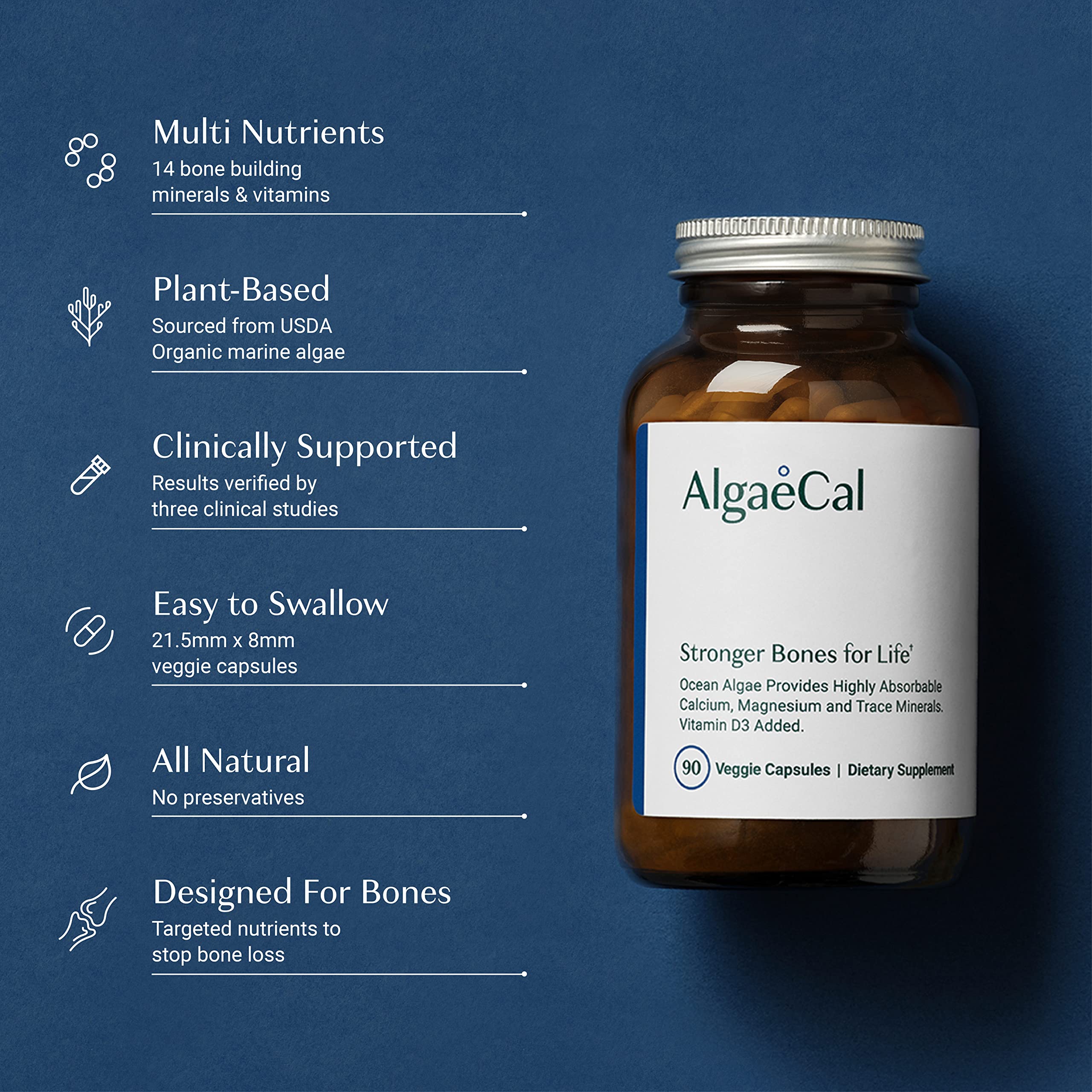 ALGAECAL - Plant Based Calcium Supplement for Women & Men - Organic Calcium 750mg with Vitamin D3 1000 IU, 13 Minerals for Bone Strength