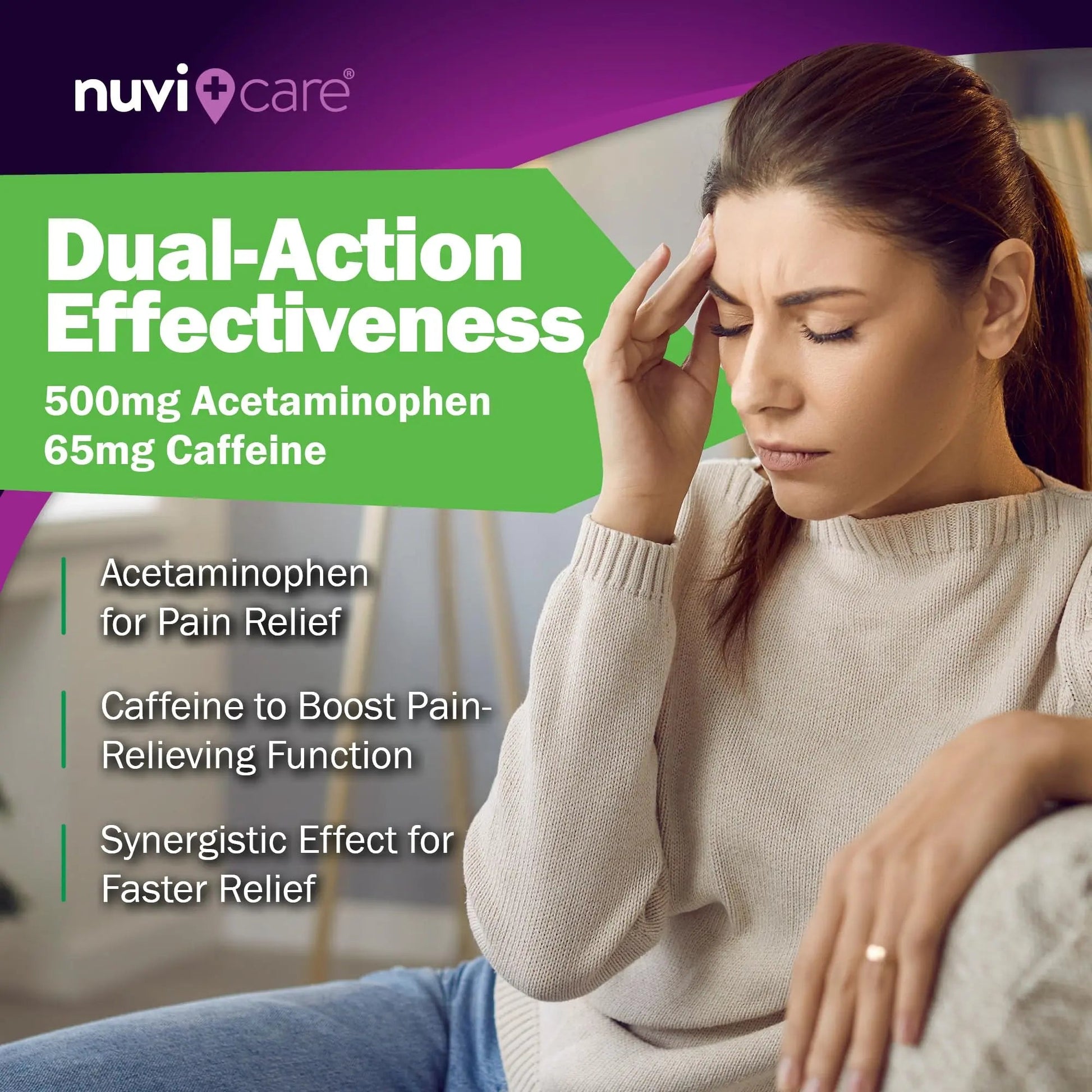 Nuvicare Tension Headache Relief Pills with 500mg Acetaminophen and 65mg Caffeine - Non Aspirin Pain Reliever Aid - Compare to Active Ingredient in Aspirin Free Excedrin Tension Headache (100 Caplets) NUVICARE Au supplements