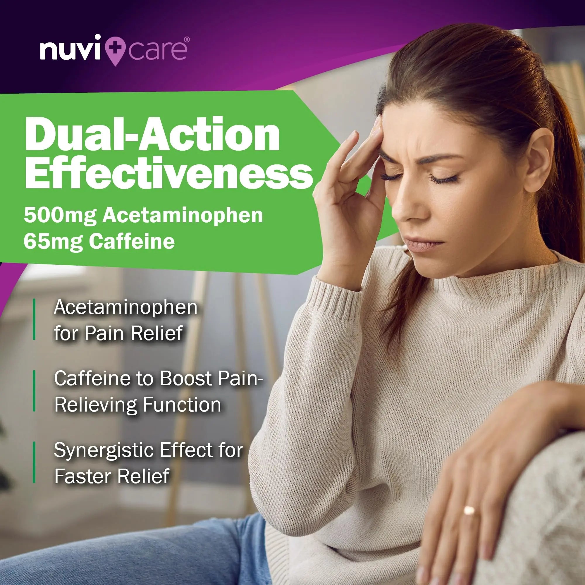 Nuvicare Tension Headache Relief Pills with 500mg Acetaminophen and 65mg Caffeine - Non Aspirin Pain Reliever Aid - Compare to Active Ingredient in Aspirin Free Excedrin Tension Headache (100 Caplets) NUVICARE Au supplements