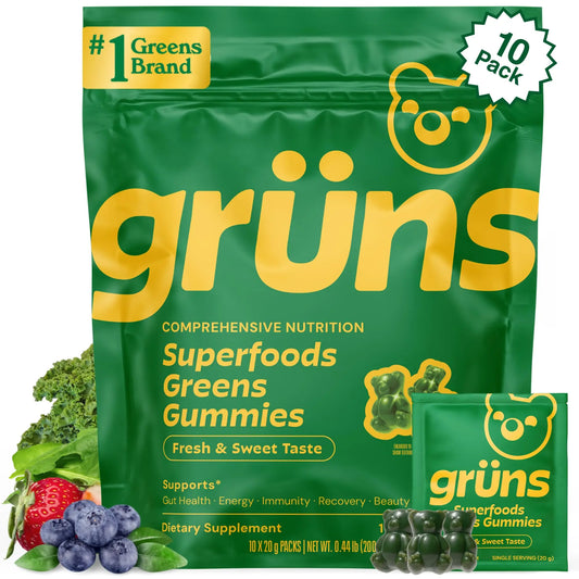 Gruns Adults Super Greens Gummies, Multivitamin Superfood Gummy Bears, Spirulina, Chlorella, Prebiotics & Fiber Gummies for Digestive Health, Adaptogens Supplement, 20 Vitamins & Minerals, 10 Count GrünsAU supplements