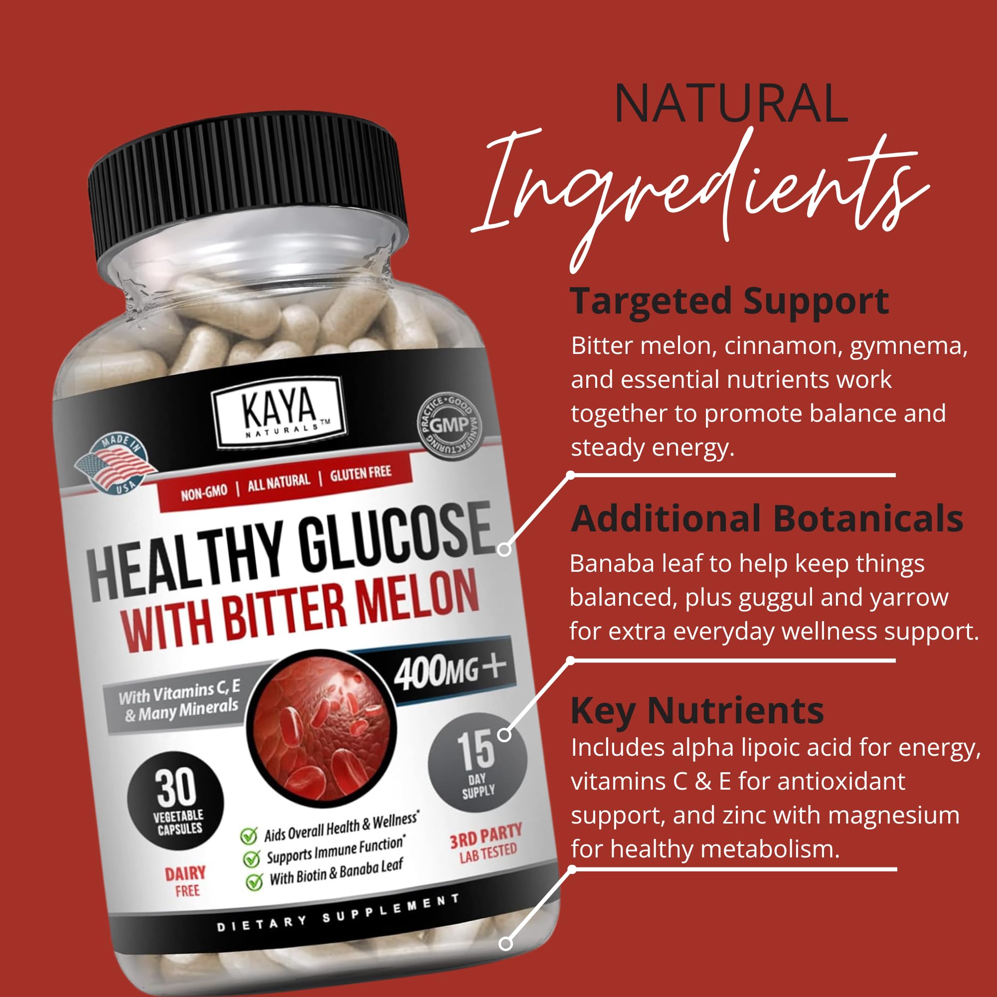 Kaya Naturals Healthy Gluco with Bittermelon Supplement | Support Healthy Levels and Function, 20 Herbs Vitamins and Minerals, Alpha Lipoic Acide, Cinnamon, Vitamin C & E, Non-GMO (30 Count) Kaya Naturals Au supplements