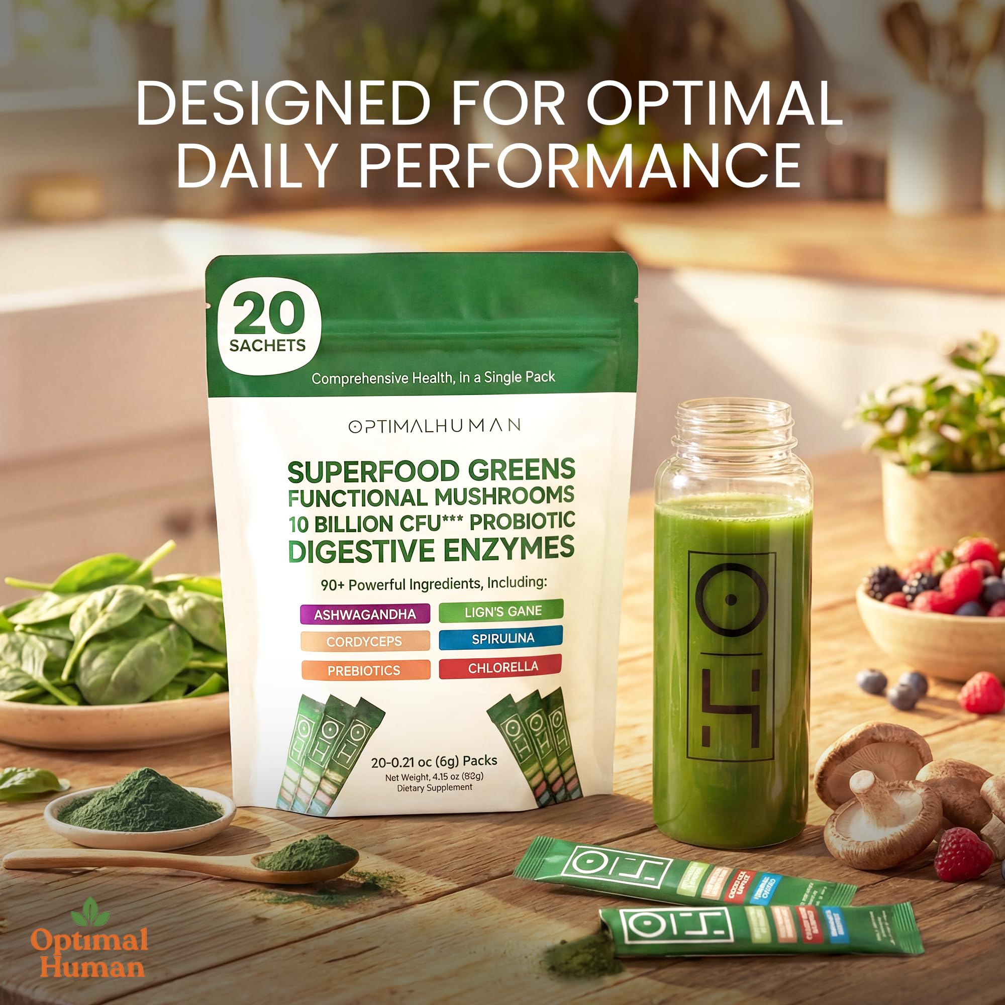 Optimal Human Superfood Greens Powder – 90+ Ingredient Blend with Lion’s Mane Supplement, Ashwagandha & Turmeric – Non-GMO, Soy-Free, Mushroom Supplements for Women – 20 Sachets O H Au supplements