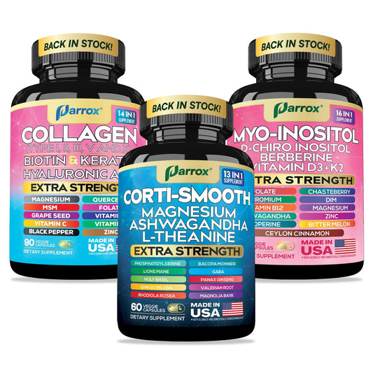 Parrox She Shines Set - Collagen Peptides Types I, II, III, V, X, Biotin, Keratin, Myo Inositol & D-Chiro Inositol, Berberine, Cortisol Support, Magnesium, Ashwagandha, L-Theanine, Lions Mane ParroxAU supplements