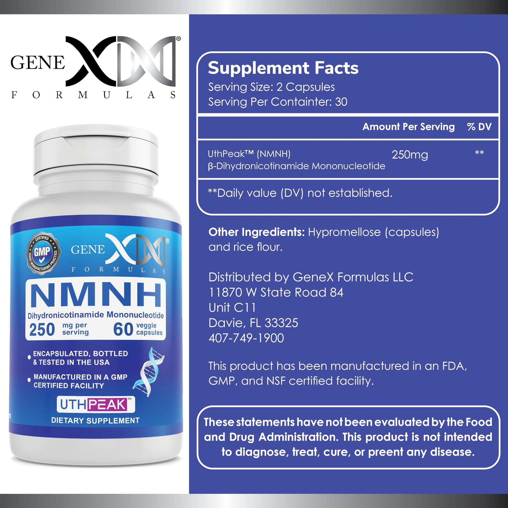 Genex Formulas 250mg NMNH (60 Capsules - 30 Servings) | Uthpeak™ NMNH (Dihydronicotinamide Mononucleotide) NAD+ Precursor for Healthy Aging - Non-GMO, Gluten-Free, Vegetarian Genex Formulas Au supplements