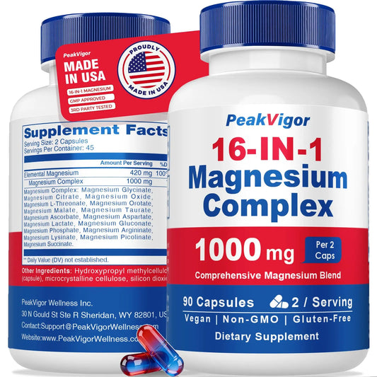 16 in 1 Magnesium Complex, 1000mg Magnesium Complex Supplement for Women with Magnesium Glycinate, Citrate, Orotate, L-Threonate, Malate, Third-Party Tested, Easy-Swallow Vegan Capsules PeakVigorAu supplements