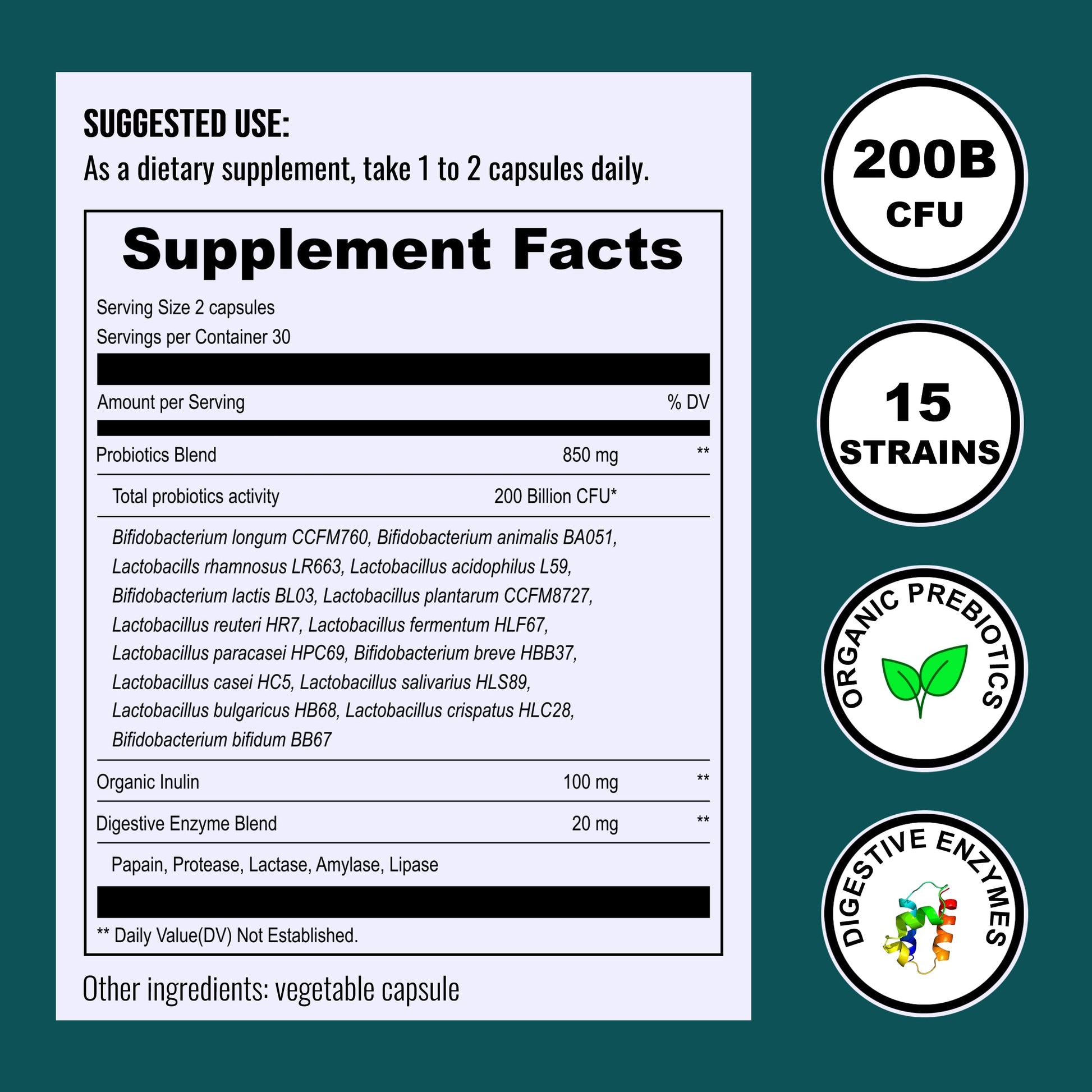 UpNourish Probiotics - 200 Billion CFUs for Men and Women, 15 Clinically Studied Strains, Prebiotics & Enzymes - 60 Vegan Capsules UpNourish Au supplements