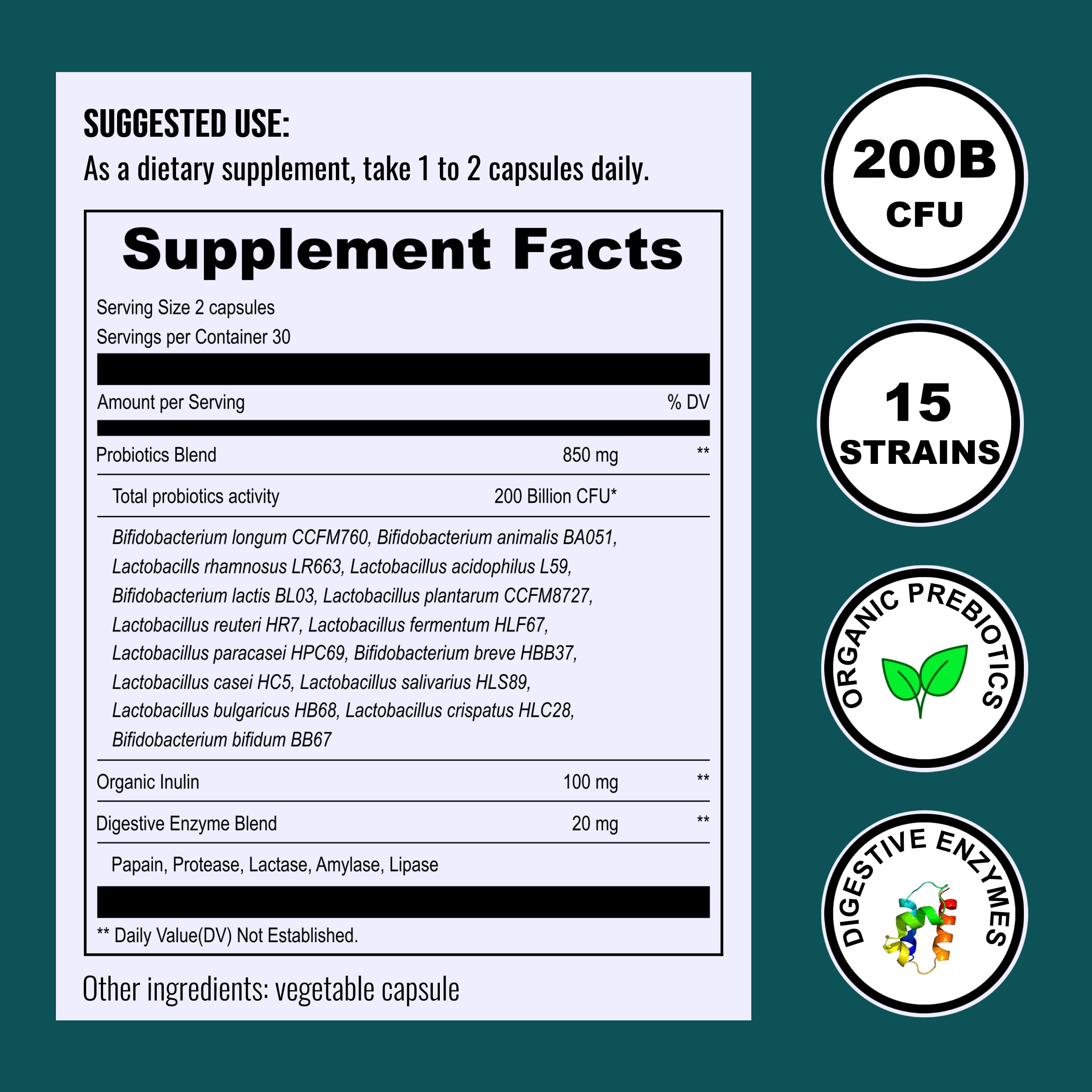 UpNourish Probiotics - 200 Billion CFUs for Men and Women, 15 Clinically Studied Strains, Prebiotics & Enzymes - 60 Vegan Capsules UpNourish Au supplements