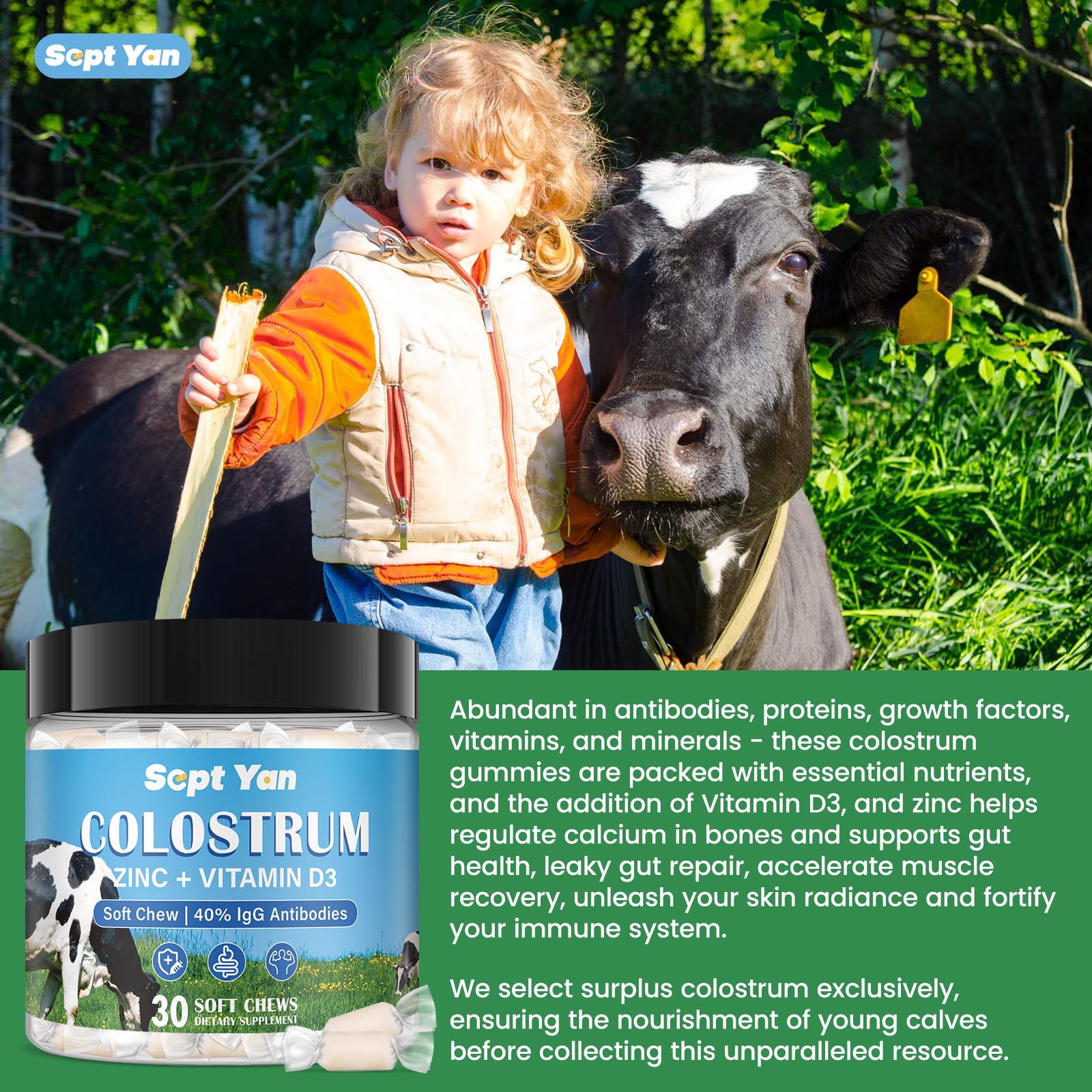 Colostrum Soft Chew Supplement (3000mg + 40% IgG), Concentrated Bovine Colostrum SEPT YAN Au supplements