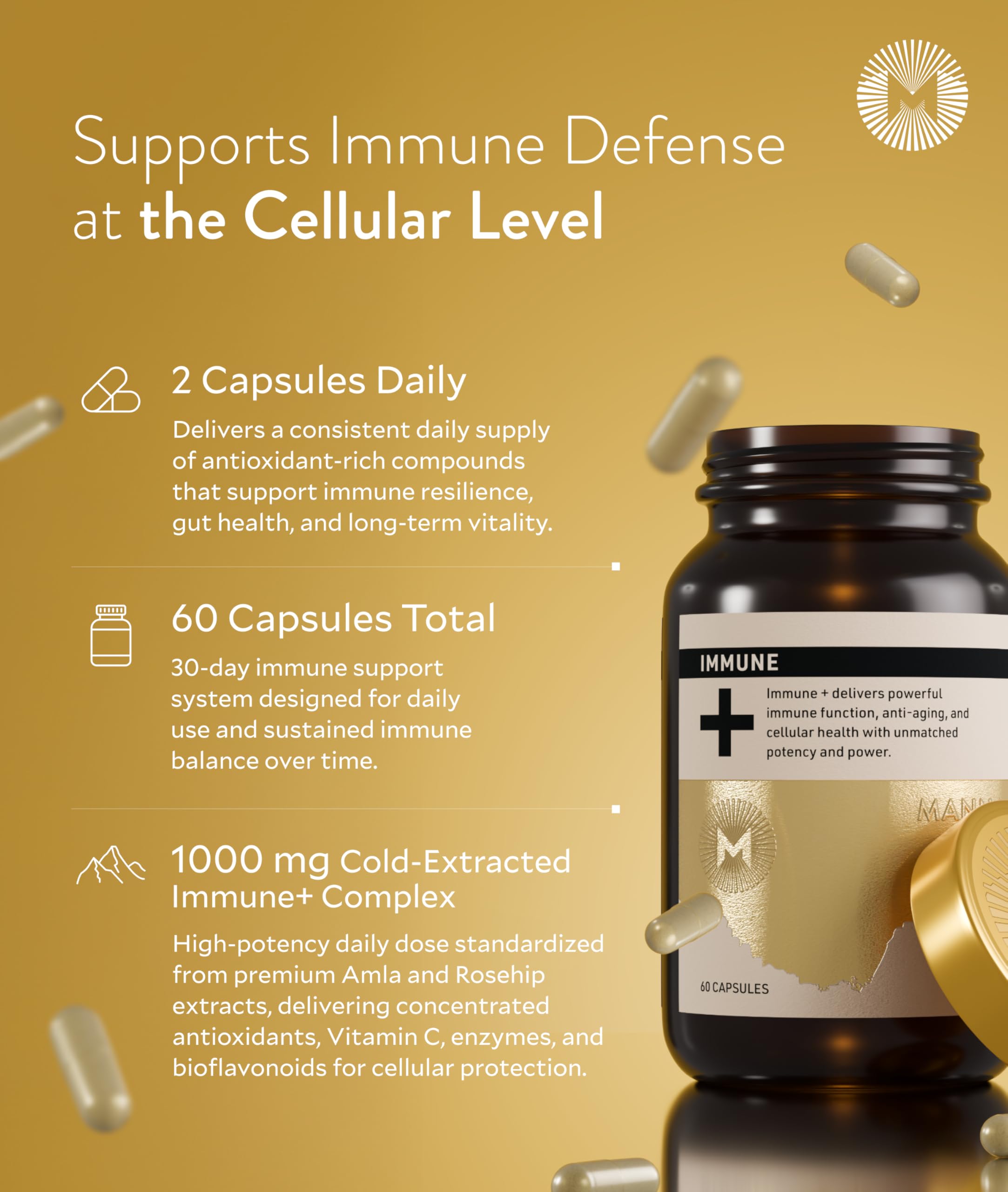 Manna Immune+ Capsules | 500mg Amla Extract & 500mg Rosehip Extract | Vitamin C Supplement for Immune Boost, Antioxidants, Heart Health, Digestion & Immune System Support | For Daily Use | 60 Count M Manna Au supplements